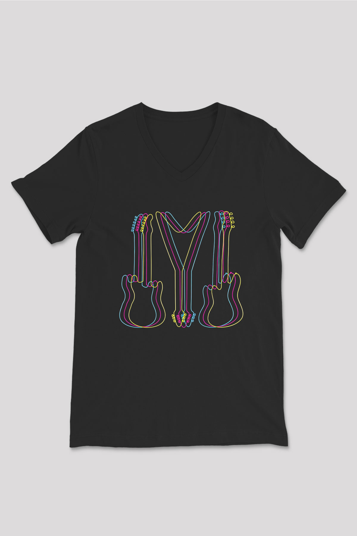 Elektro Gitar Baskılı Unisex Siyah V Yaka Tişört - Tshirt