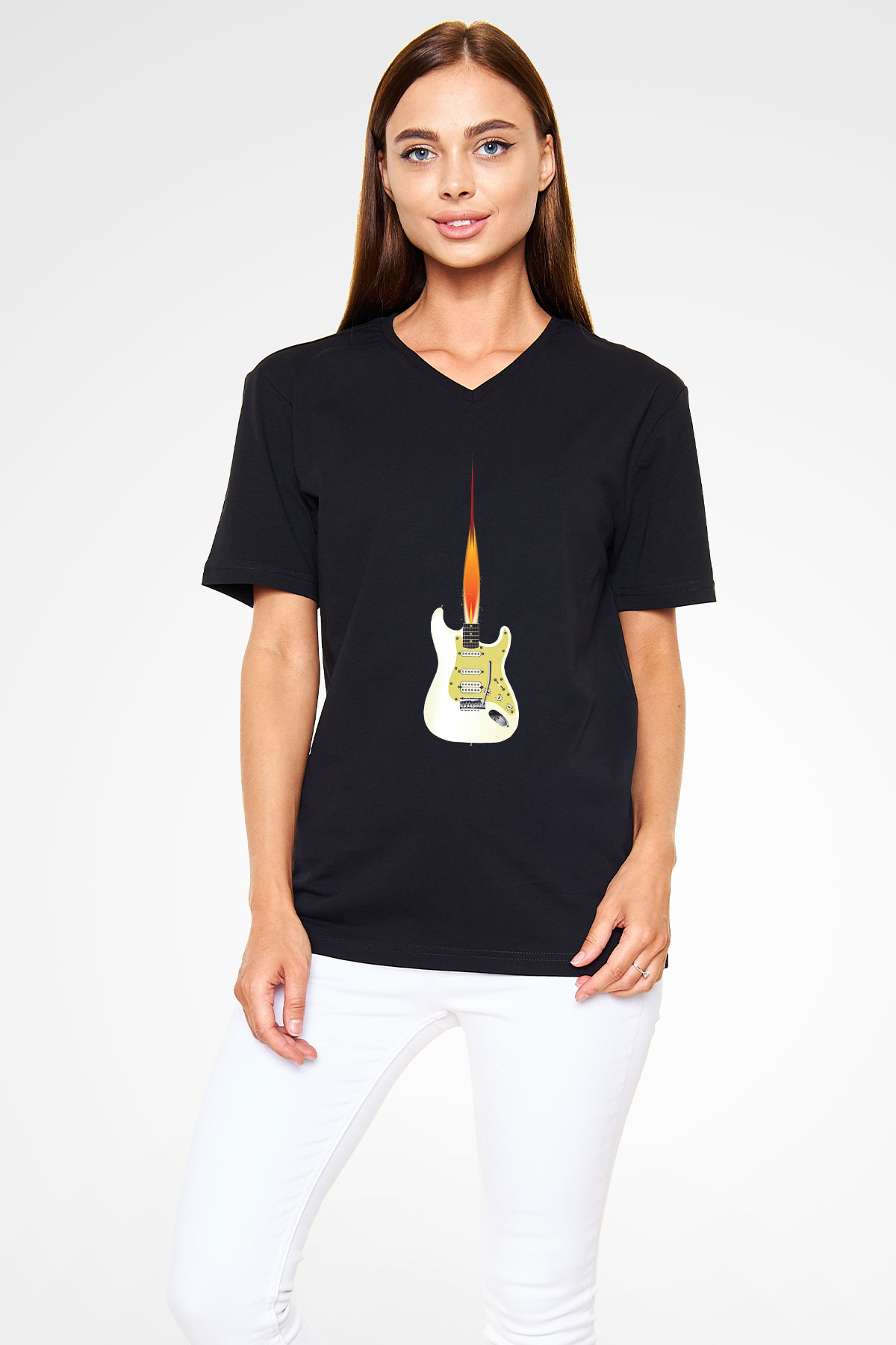 Elektro Gitar Baskılı Unisex Siyah V Yaka Tişört - Tshirt