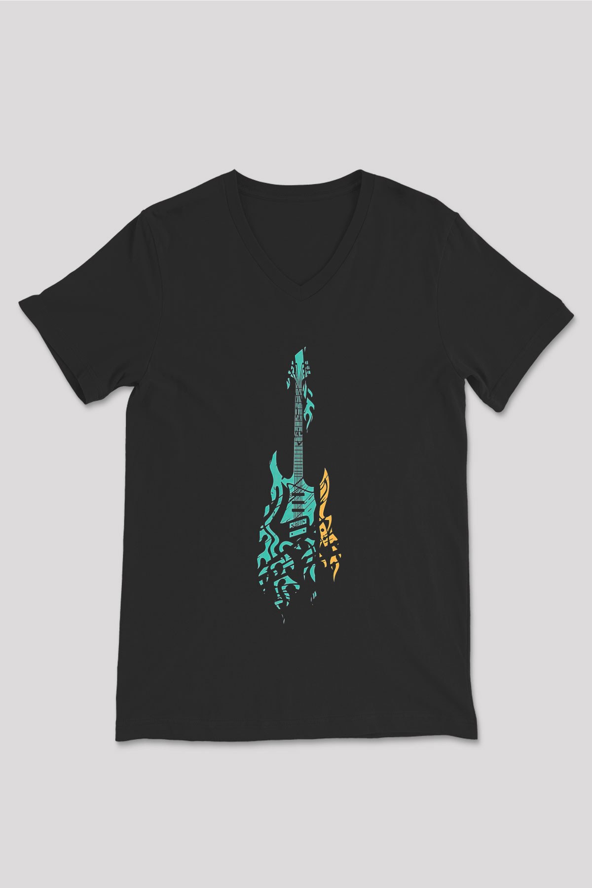 Elektro Gitar Baskılı Unisex Siyah V Yaka Tişört - Tshirt