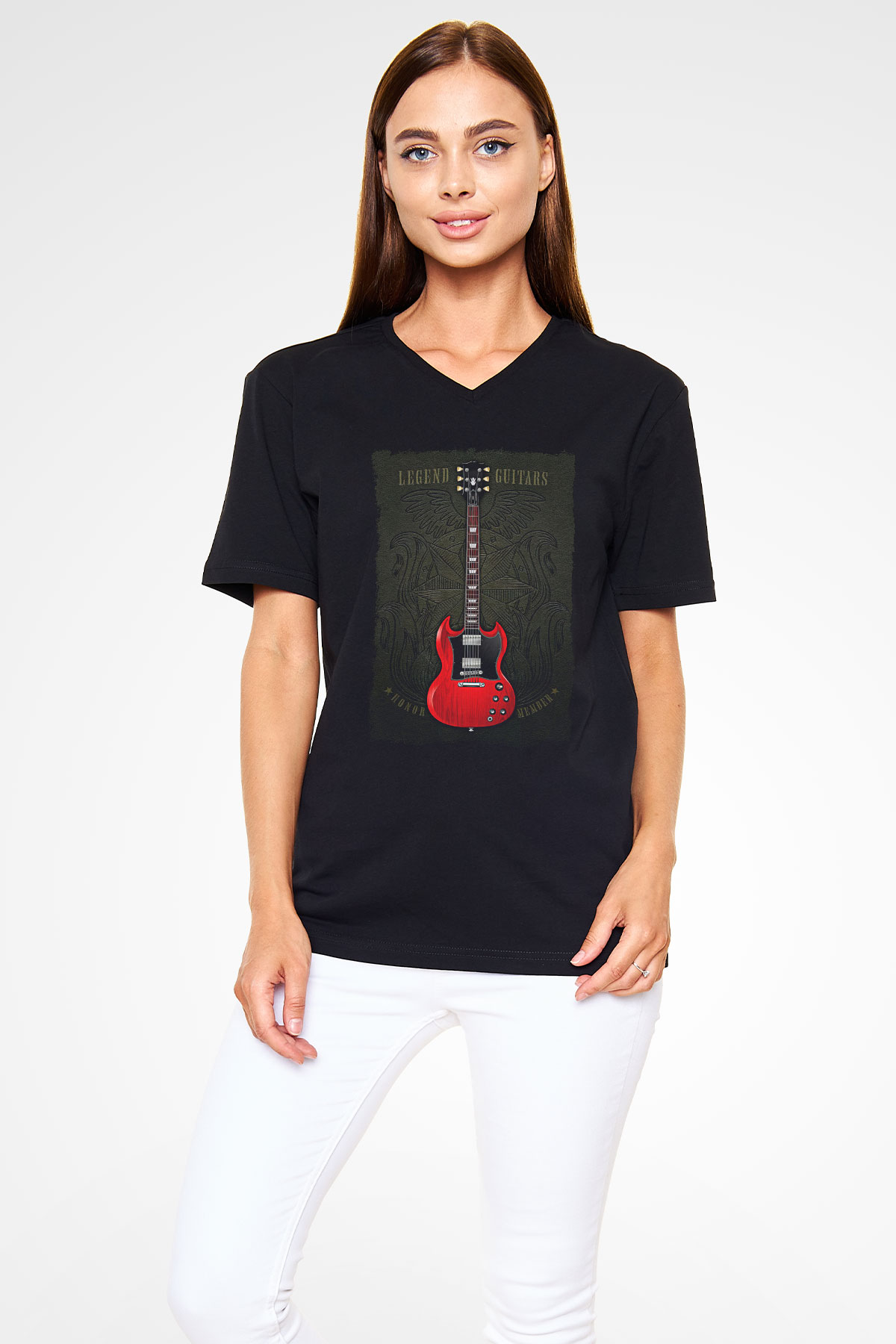 Elektro Gitar Baskılı Unisex Siyah V Yaka Tişört - Tshirt