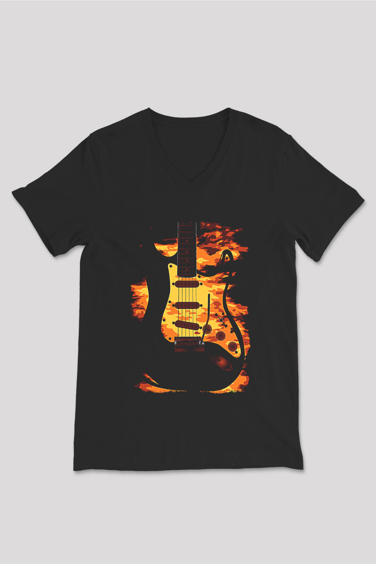 Elektro Gitar Baskılı Unisex Siyah V Yaka Tişört - Tshirt