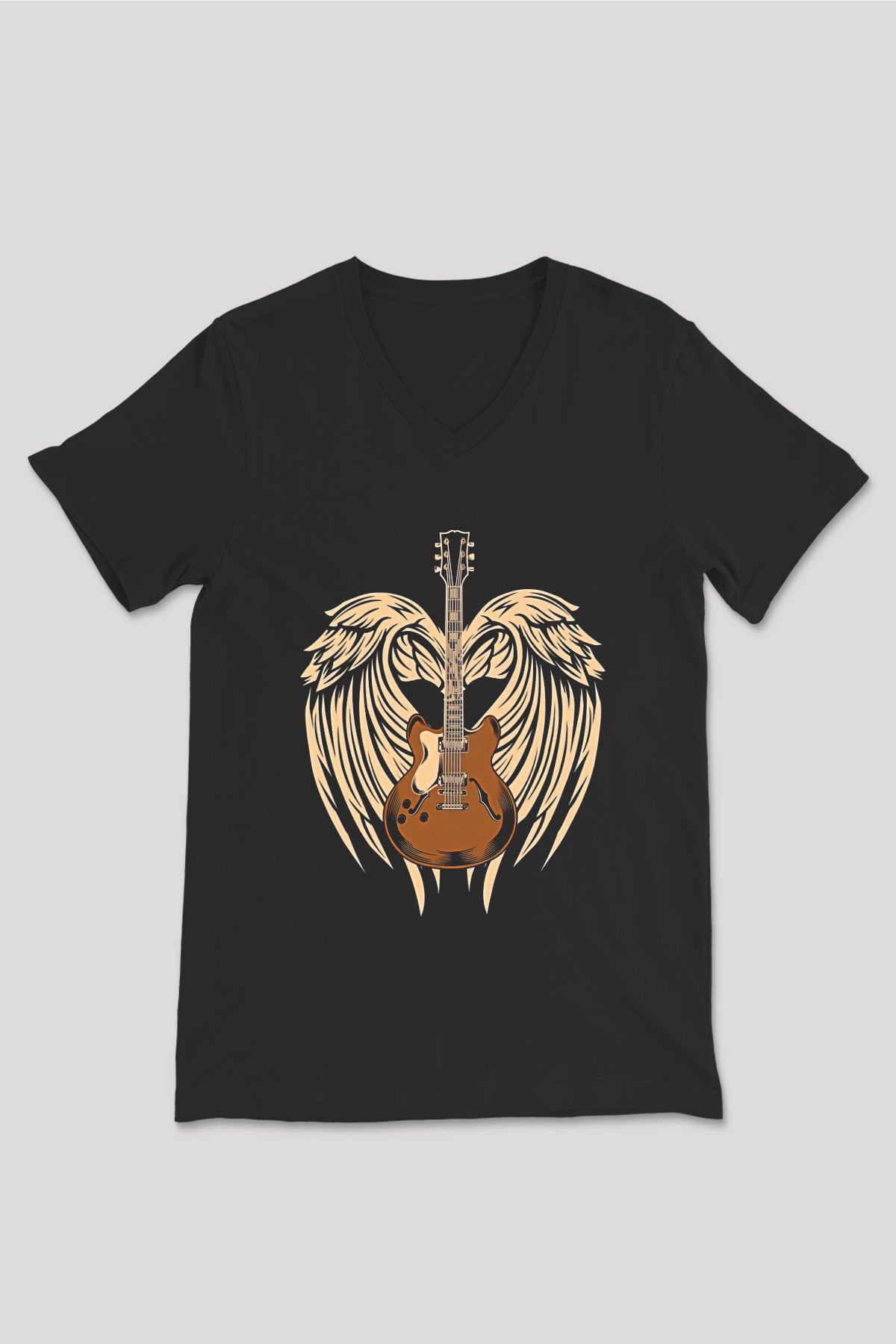 Elektro Gitar Baskılı Unisex Siyah V Yaka Tişört - Tshirt