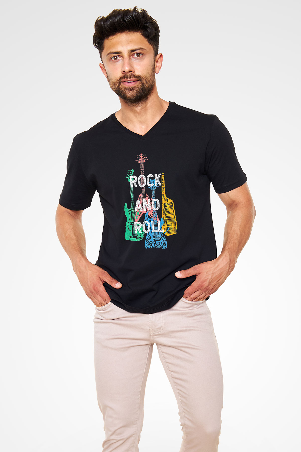 Elektro Gitar Baskılı Unisex Siyah V Yaka Tişört - Tshirt