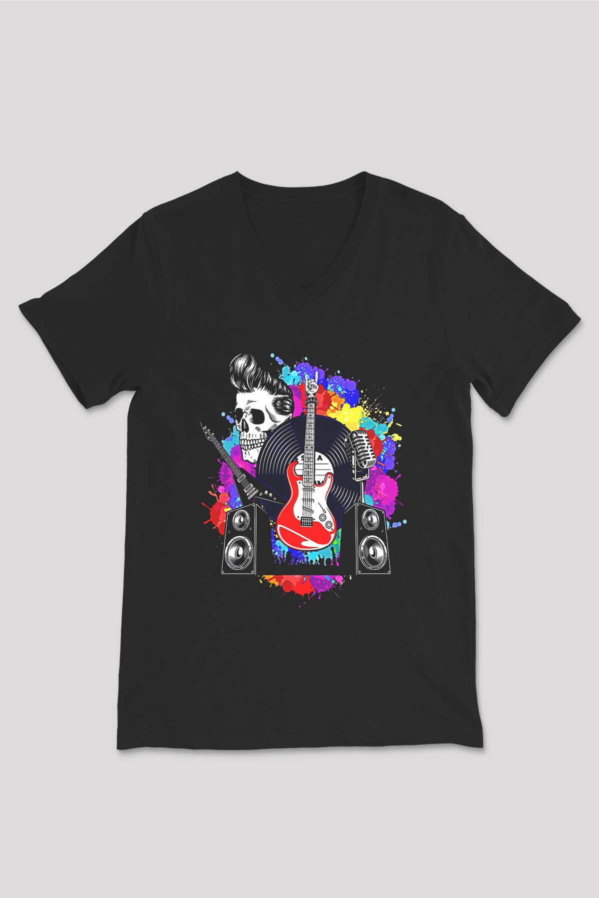 Elektro Gitar Baskılı Unisex Siyah V Yaka Tişört - Tshirt