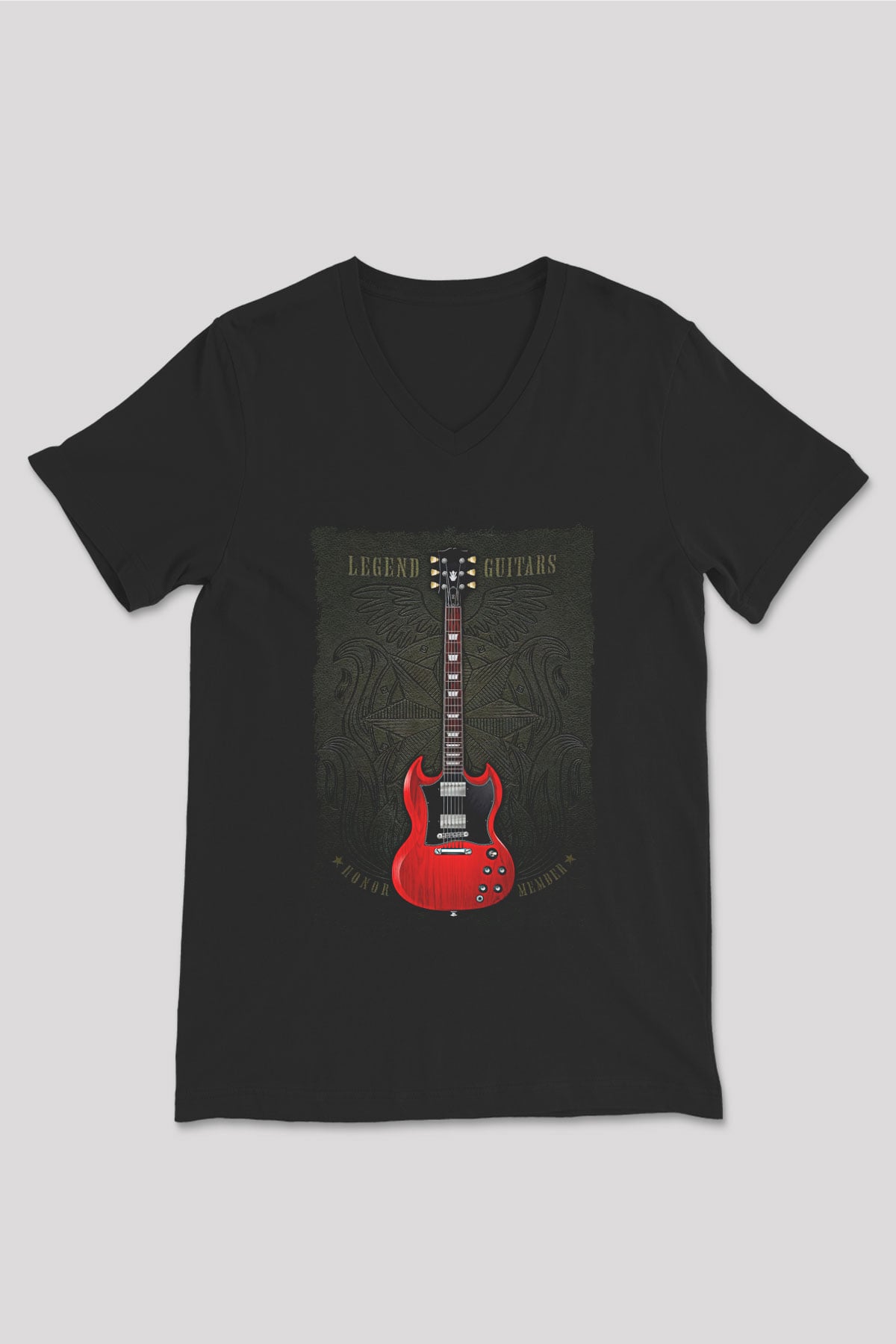Elektro Gitar Baskılı Unisex Siyah V Yaka Tişört - Tshirt