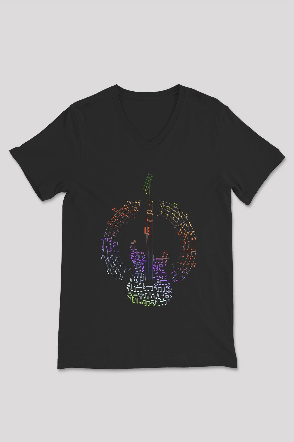Elektro Gitar Baskılı Unisex Siyah V Yaka Tişört - Tshirt
