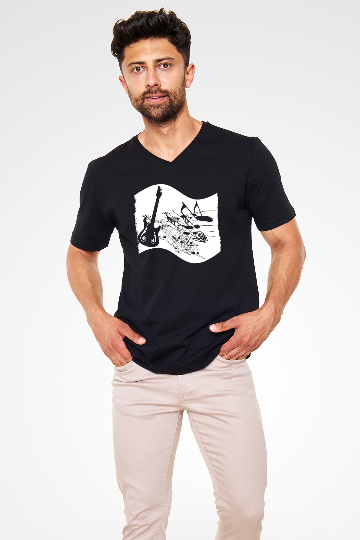 Elektro Gitar Baskılı Unisex Siyah V Yaka Tişört - Tshirt