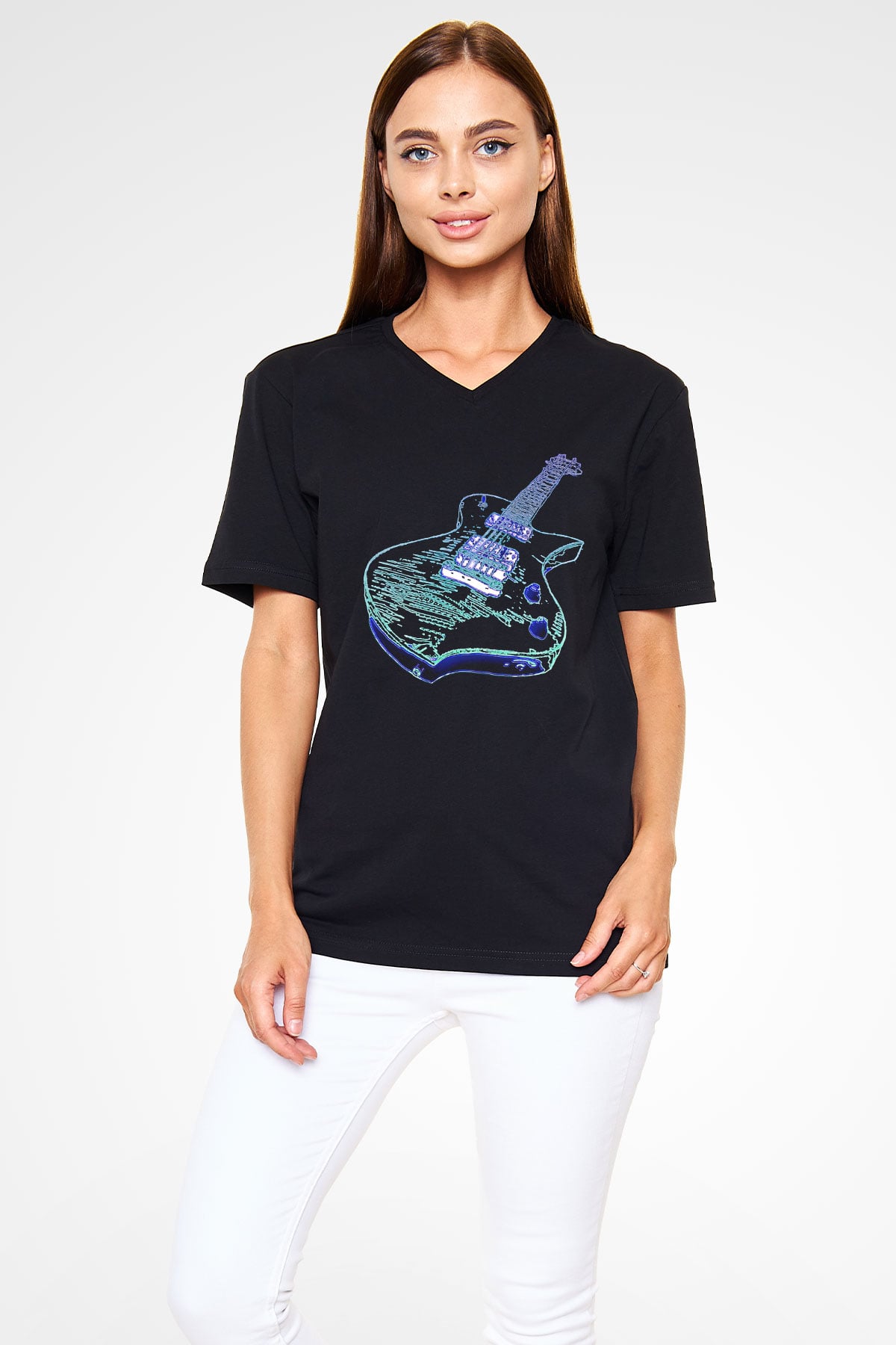 Elektro Gitar Baskılı Unisex Siyah V Yaka Tişört - Tshirt
