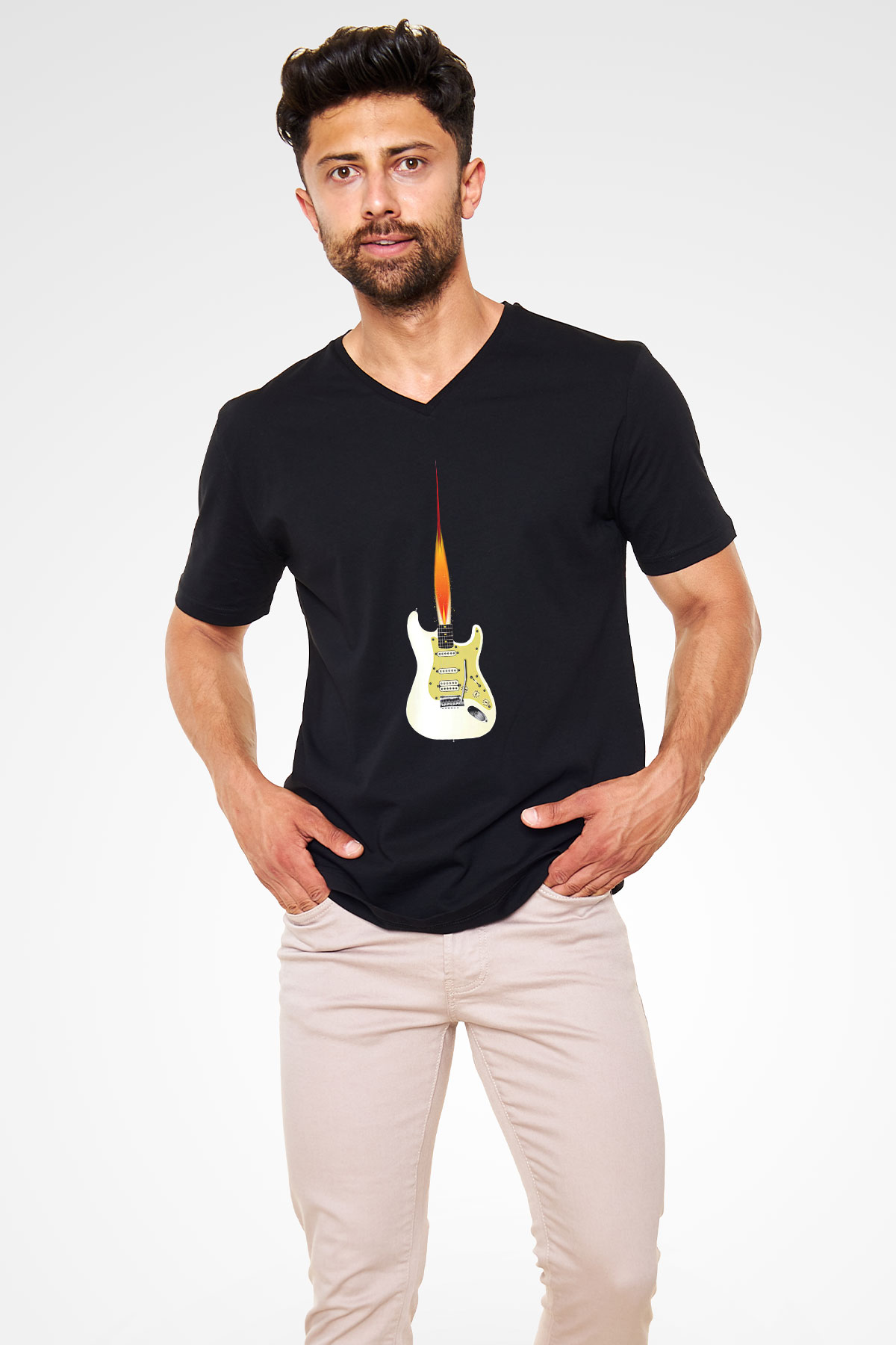 Elektro Gitar Baskılı Unisex Siyah V Yaka Tişört - Tshirt