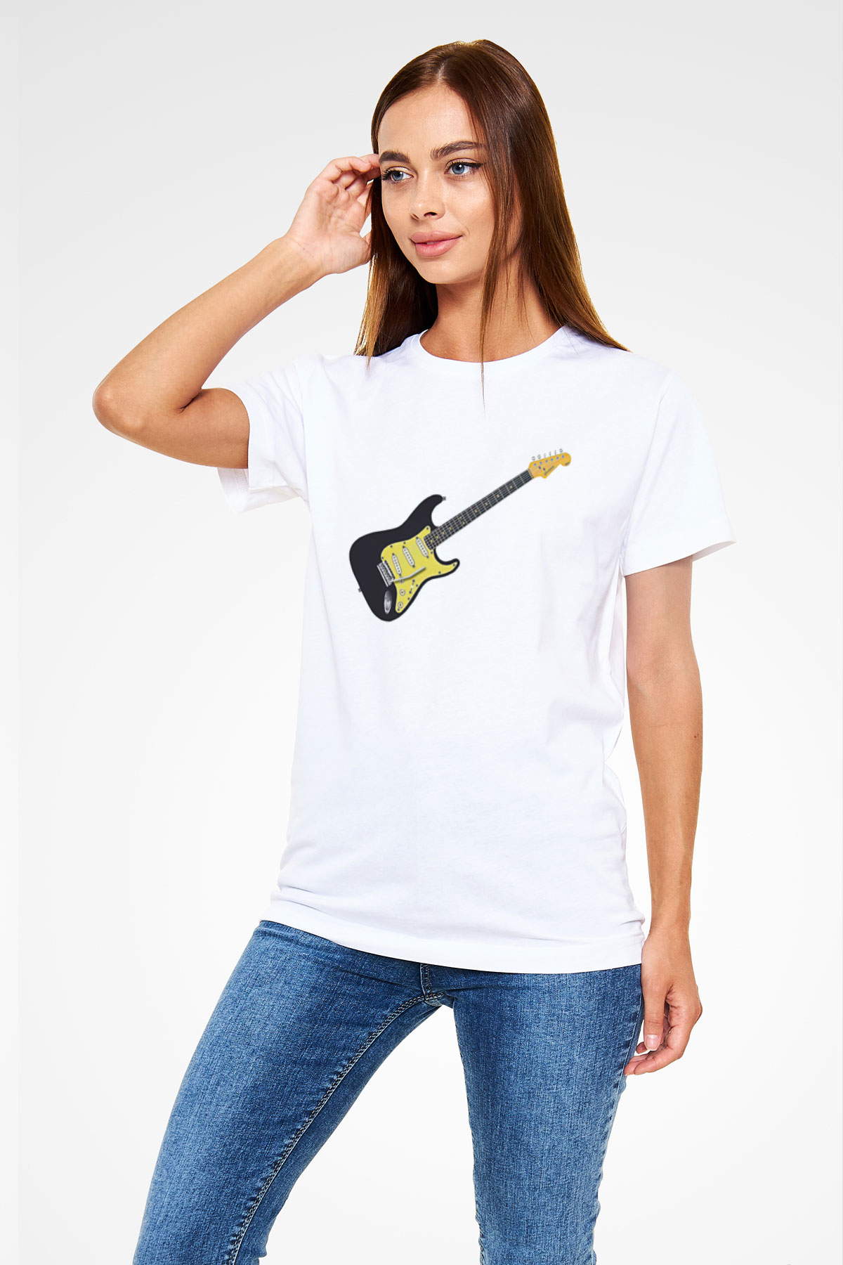 Elektro Gitar Unisex Baskılı Beyaz Tişört - Tshirt