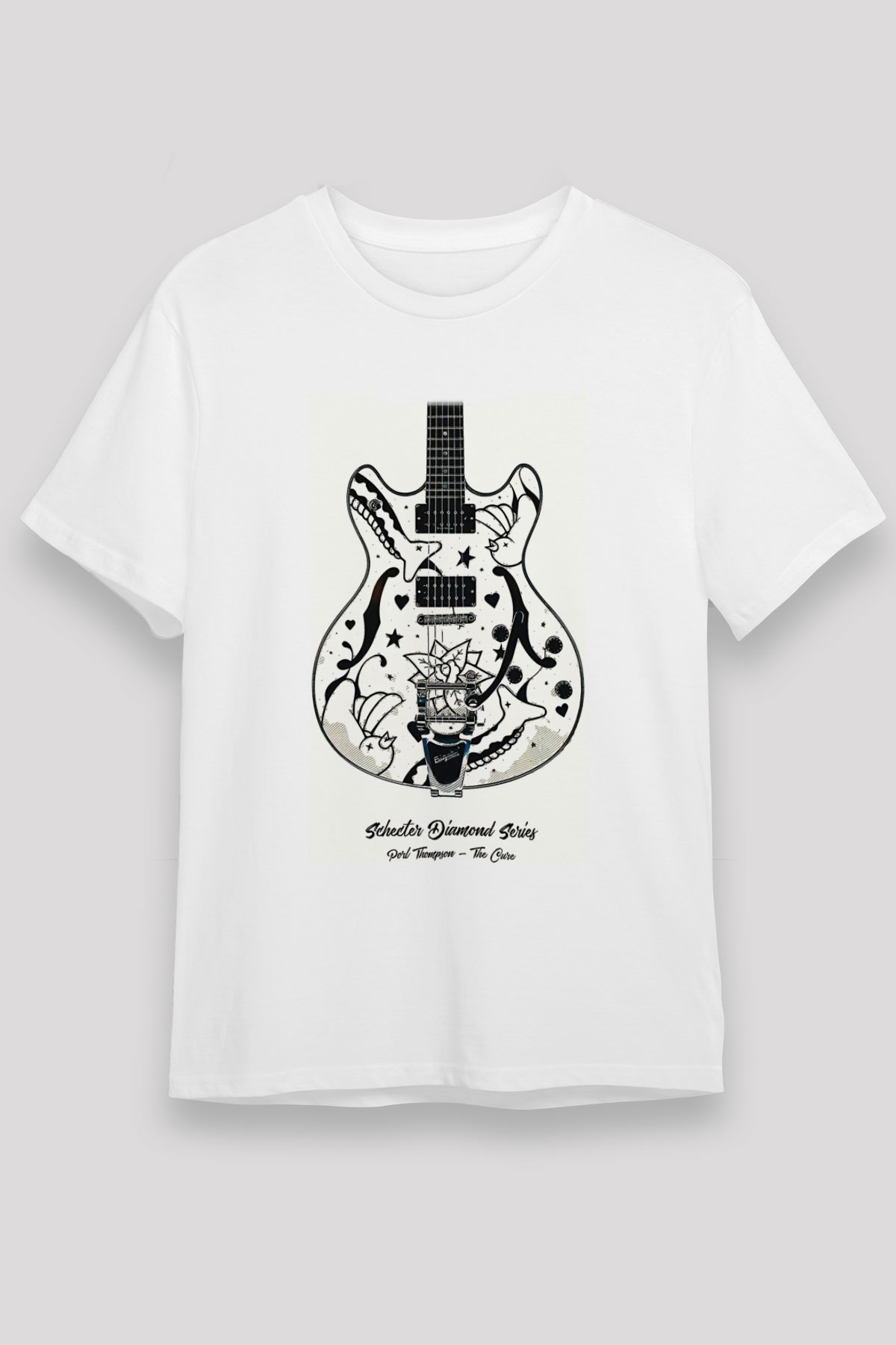 Elektro Gitar Unisex Baskılı Beyaz Tişört - Tshirt