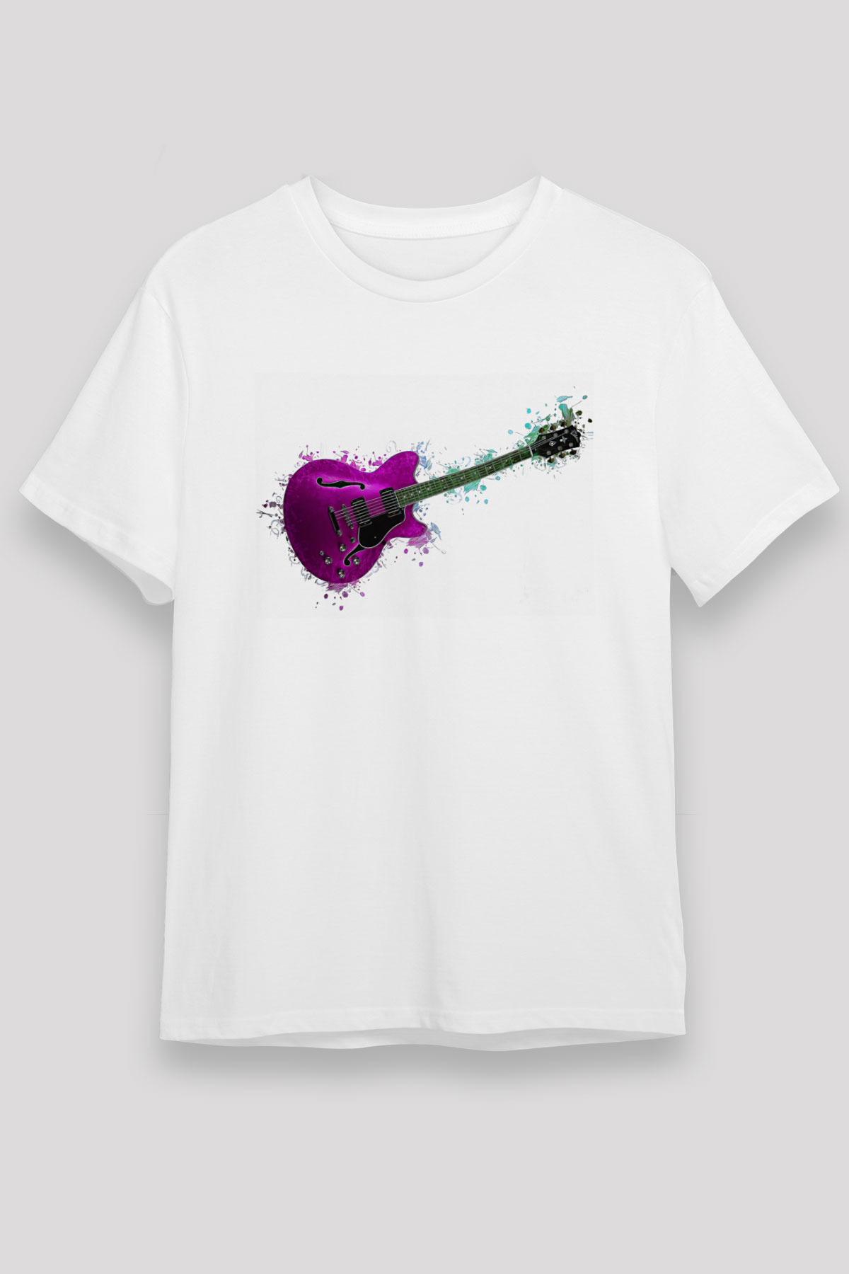 Elektro Gitar Unisex Baskılı Beyaz Tişört - Tshirt