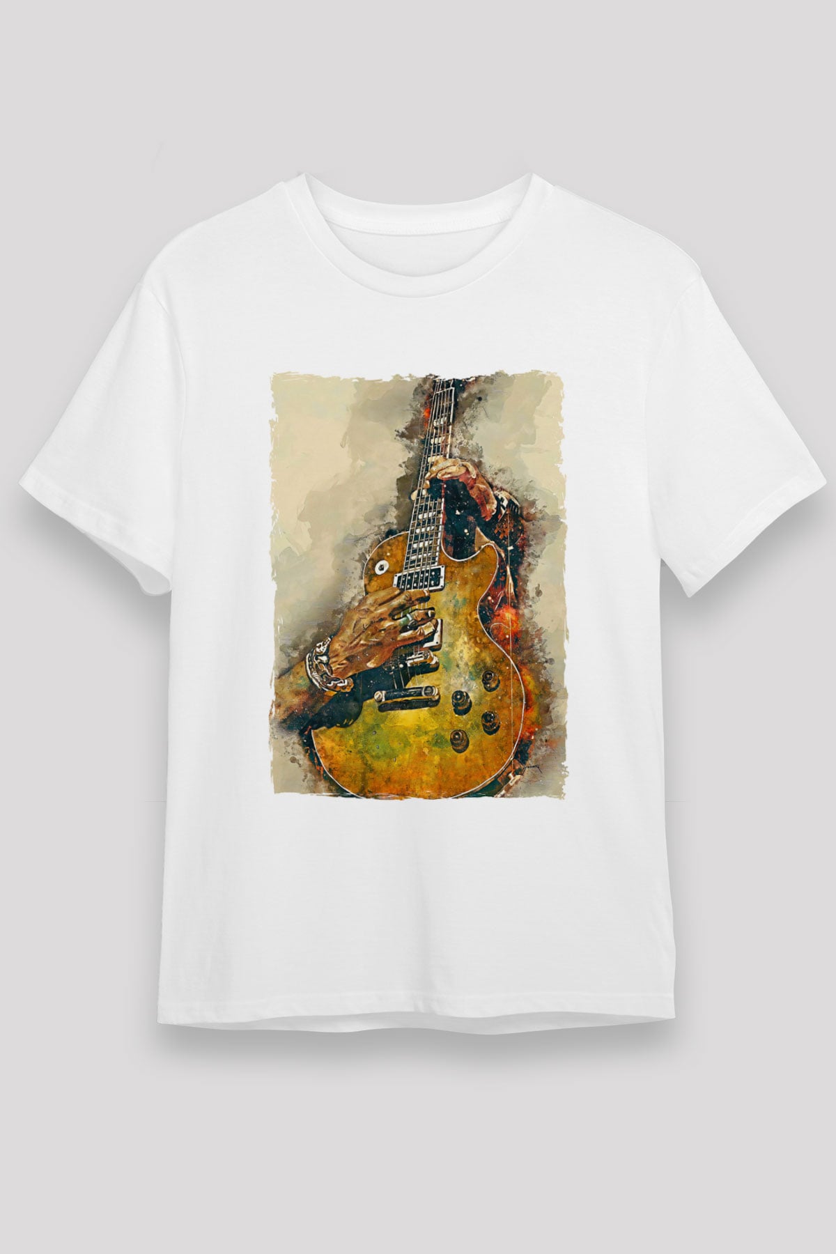 Elektro Gitar Unisex Baskılı Beyaz Tişört - Tshirt