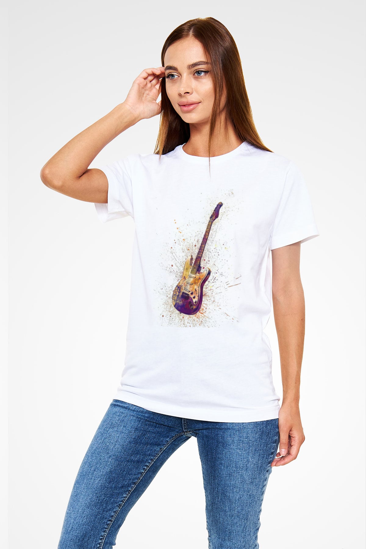 Elektro Gitar Unisex Baskılı Beyaz Tişört - Tshirt