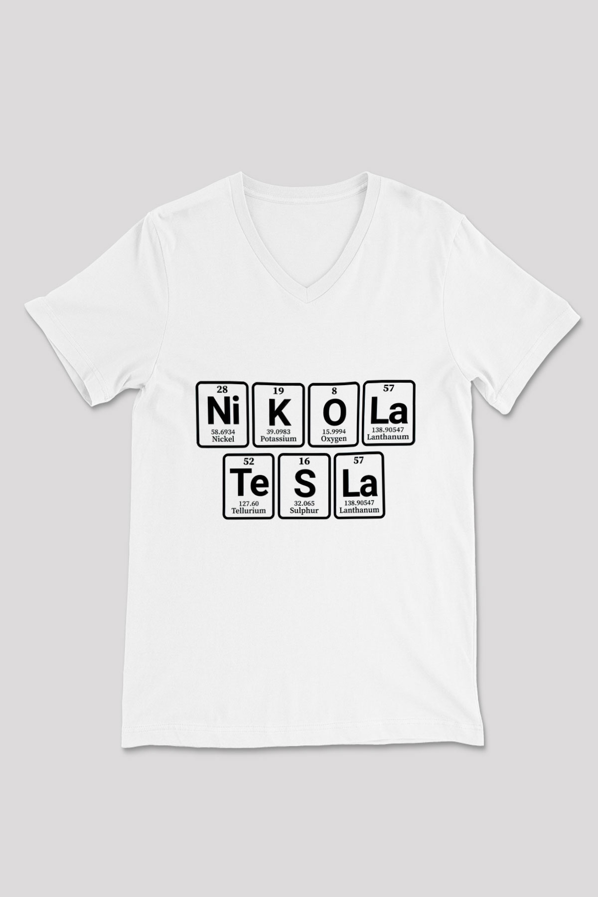 Elementlerden Oluşan Nikola Tesla Baskılı Unisex Beyaz V Yaka Tişört