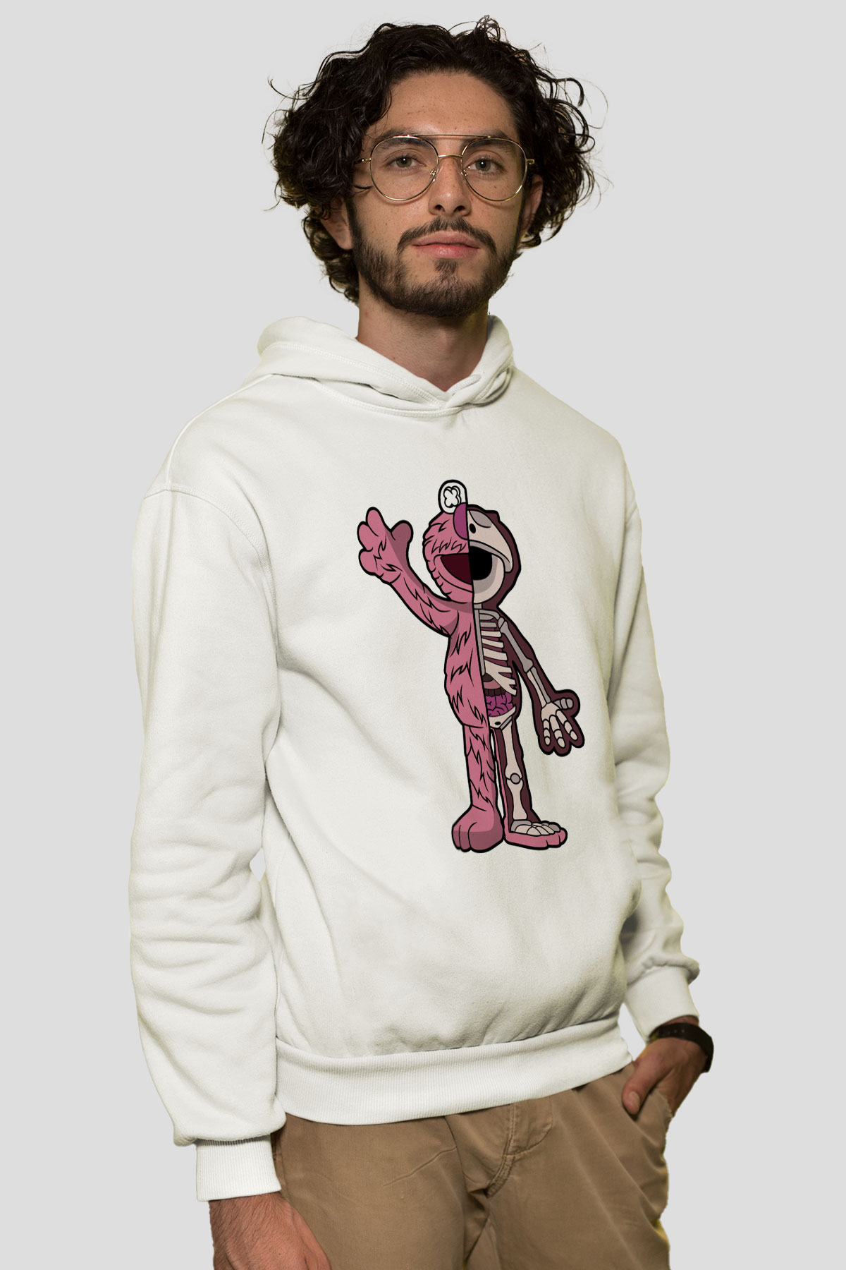 Elmo Half Skeleton Baskılı Unisex Beyaz Hoodie