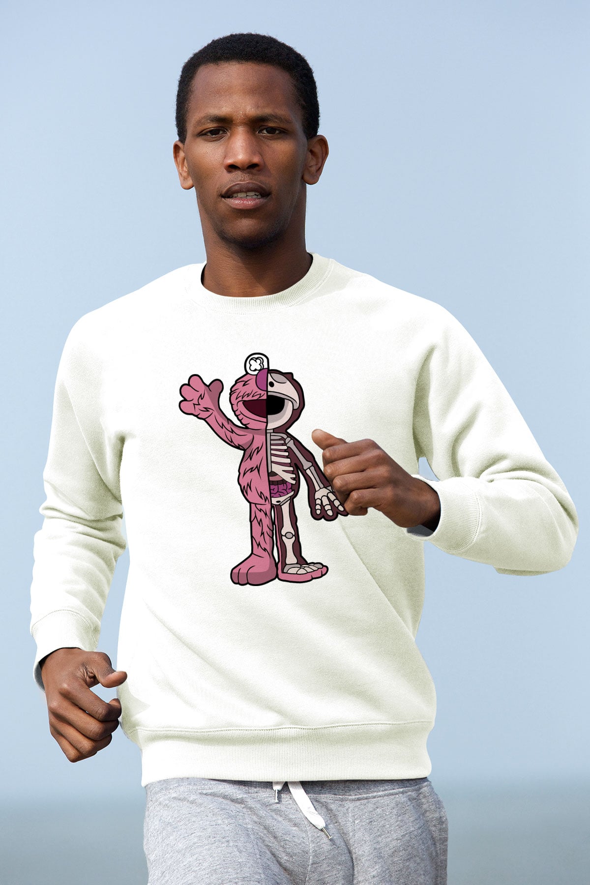 Elmo Half Skeleton Baskılı Unisex Beyaz Sweatshirt