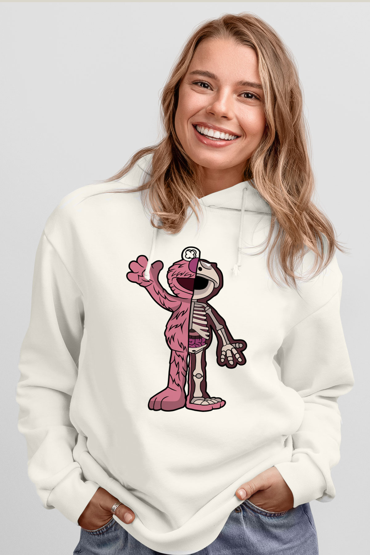 Elmo Half Skeleton Baskılı Unisex Beyaz Hoodie
