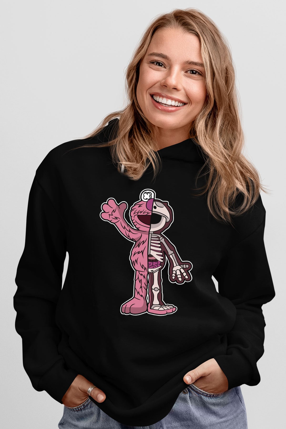 Elmo Half Skeleton Baskılı Unisex Siyah Hoodie