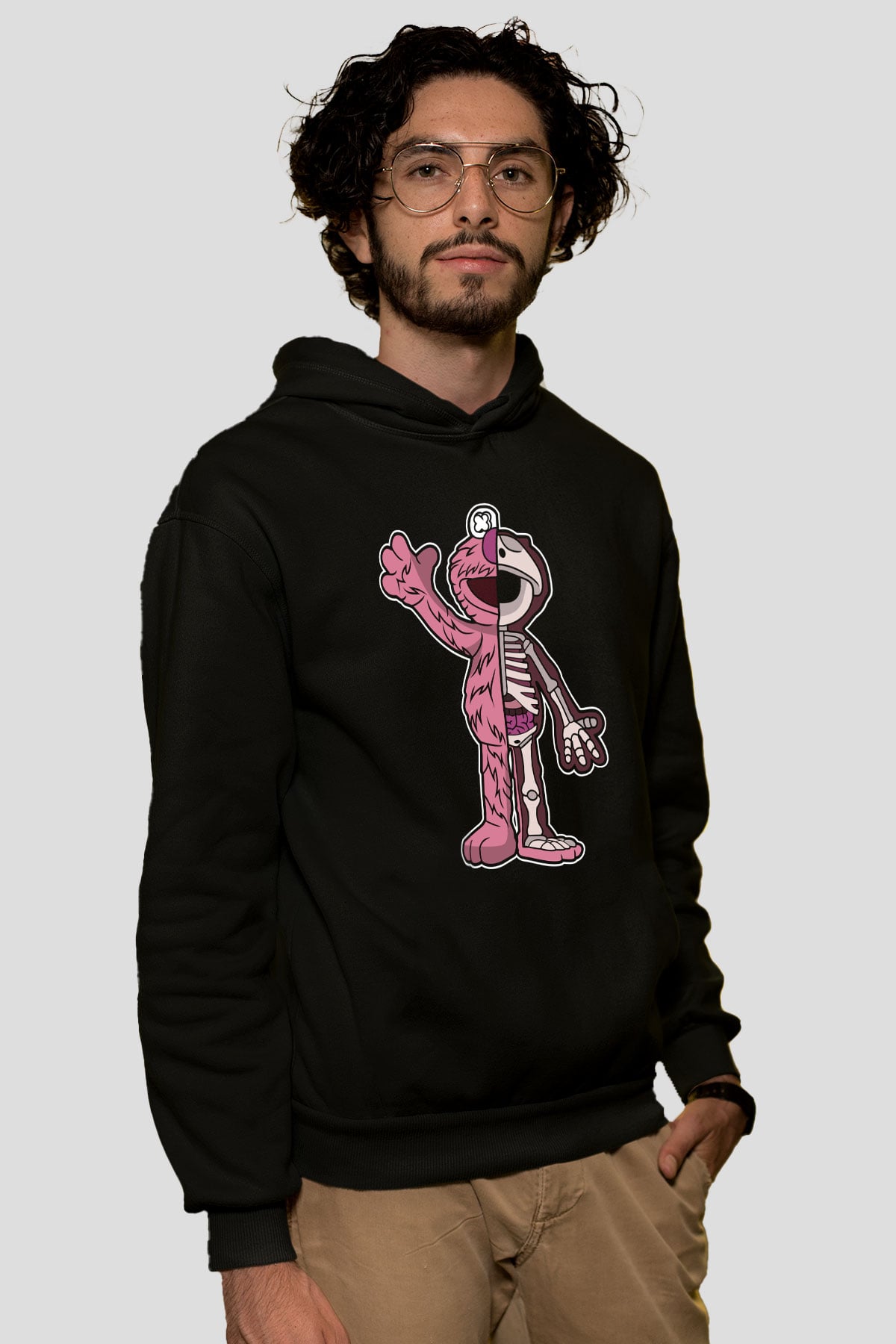 Elmo Half Skeleton Baskılı Unisex Siyah Hoodie