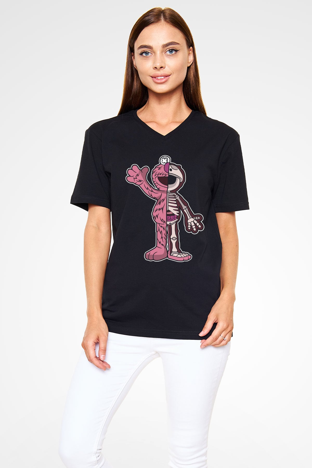 Elmo Half Skeleton Baskılı Unisex Siyah V Yaka Tişört