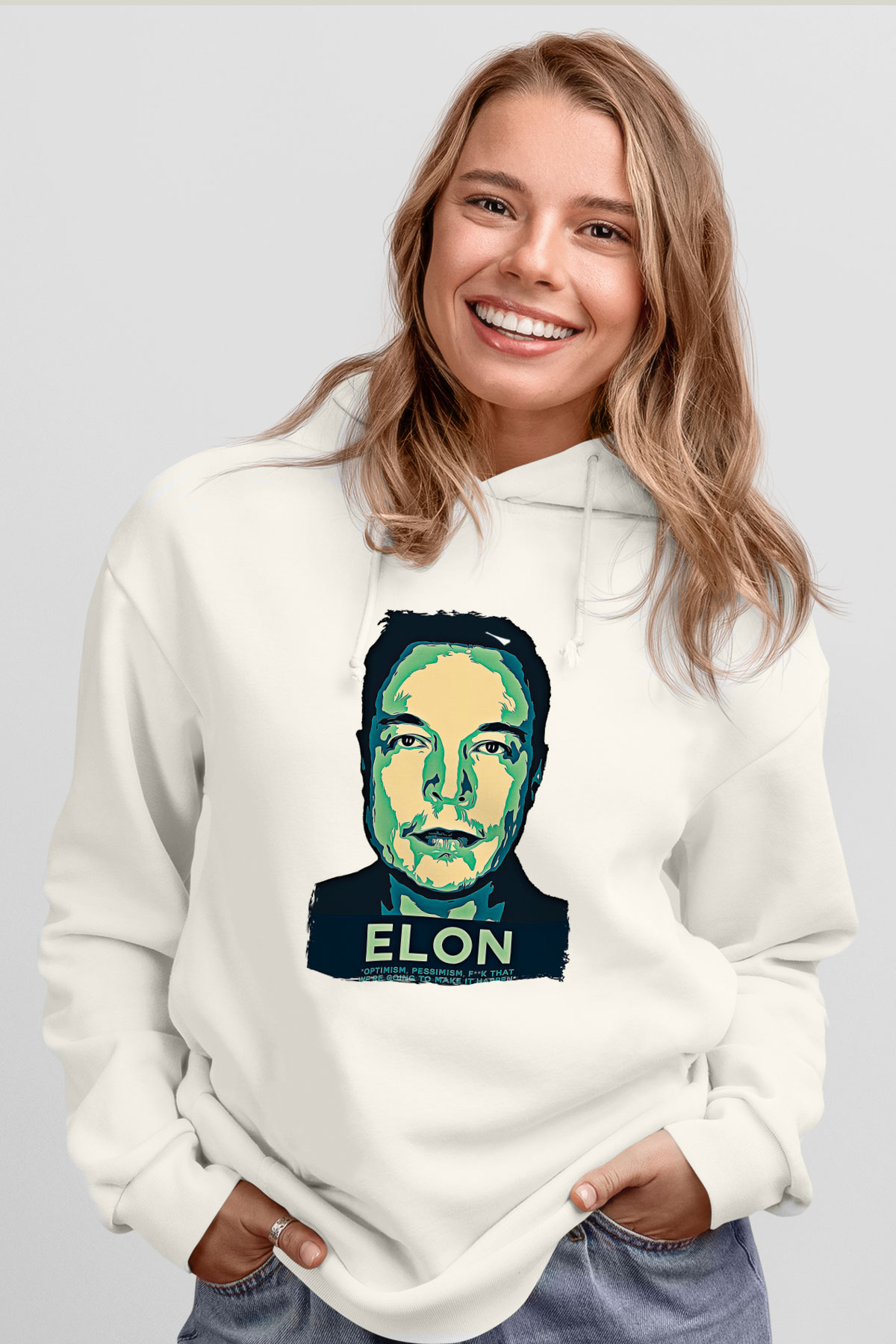 Elon Musk Baskılı Beyaz Unisex Kapüşonlu Sweatshirt