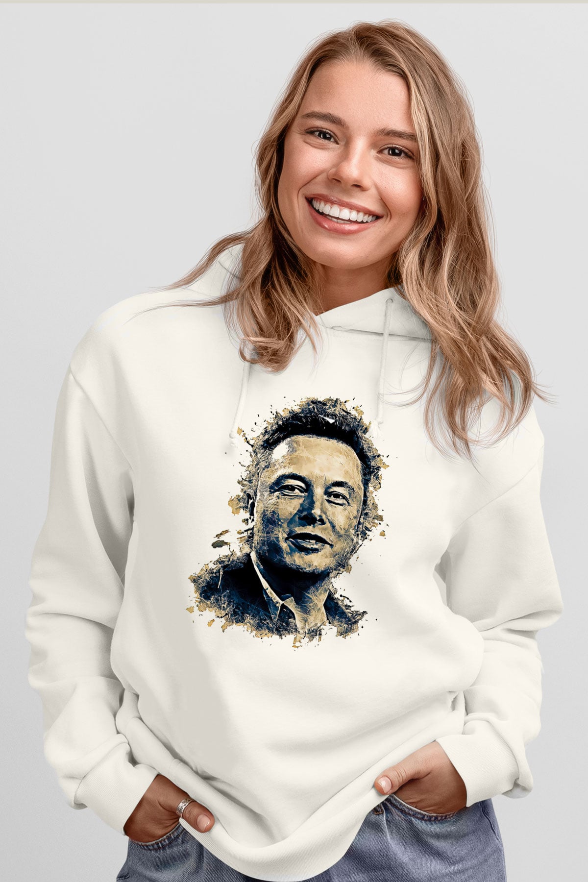 Elon Musk Baskılı Beyaz Unisex Kapüşonlu Sweatshirt
