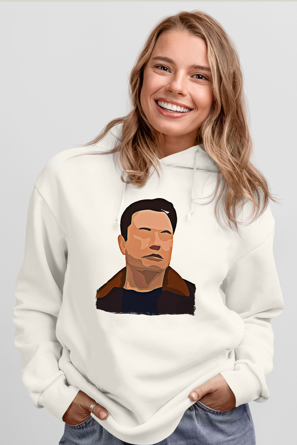 Elon Musk Baskılı Beyaz Unisex Kapüşonlu Sweatshirt