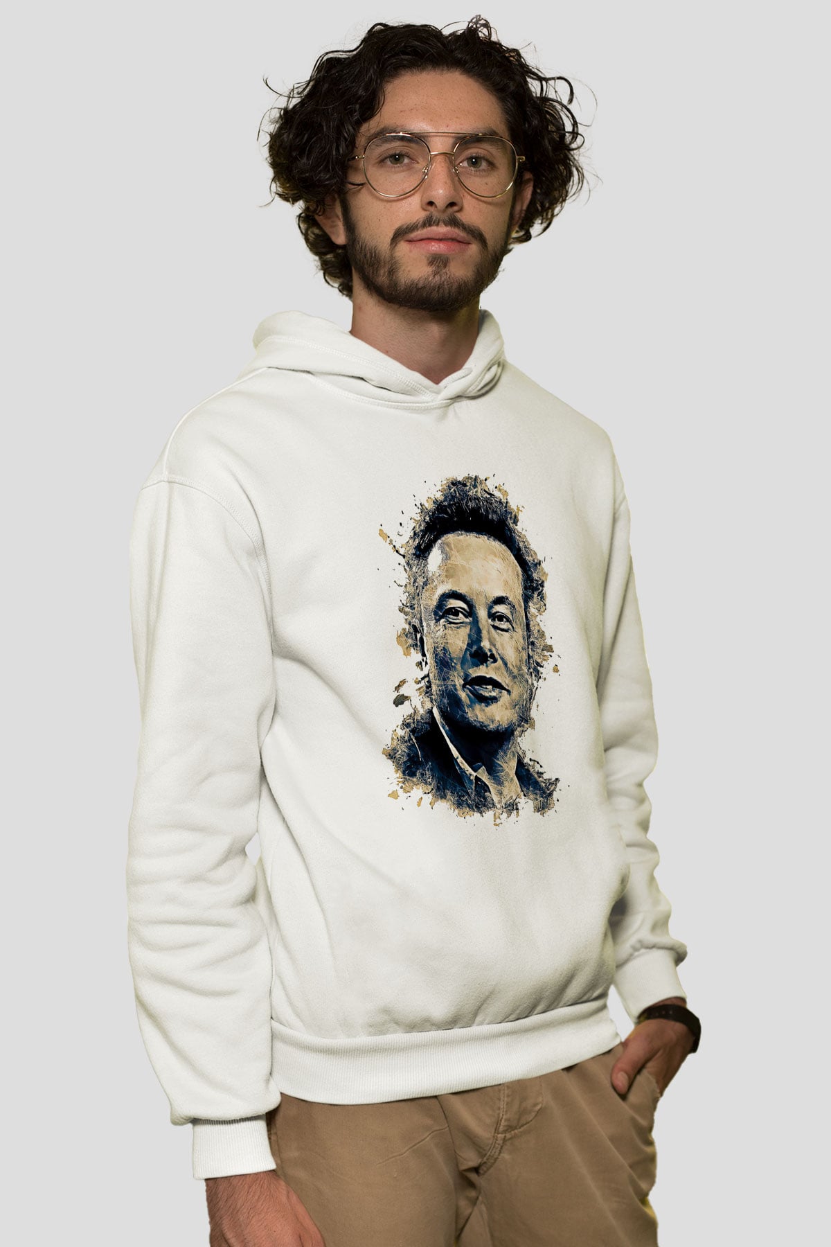 Elon Musk Baskılı Beyaz Unisex Kapüşonlu Sweatshirt