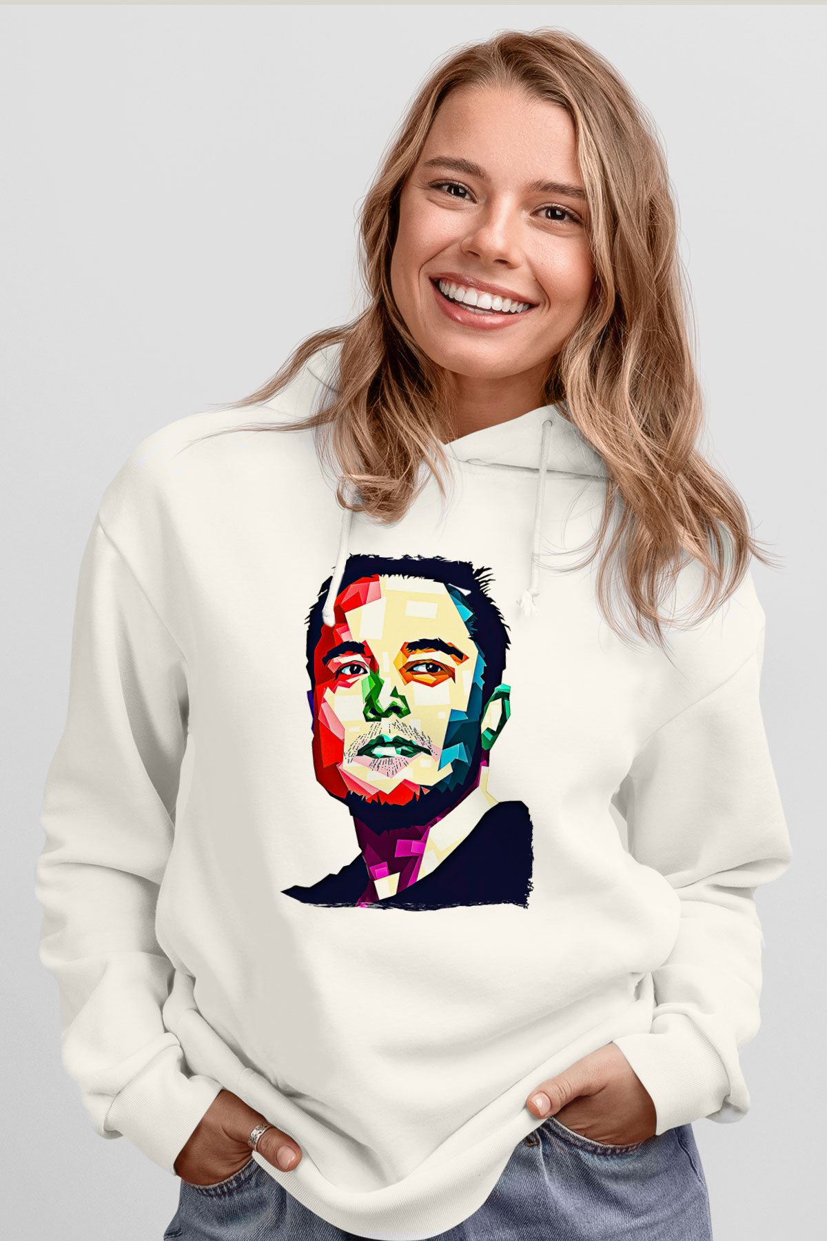 Elon Musk Baskılı Beyaz Unisex Kapüşonlu Sweatshirt