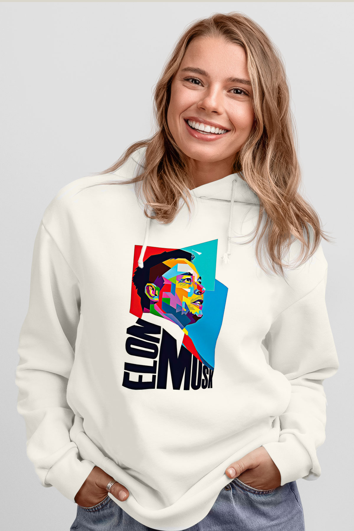 Elon Musk Baskılı Beyaz Unisex Kapüşonlu Sweatshirt