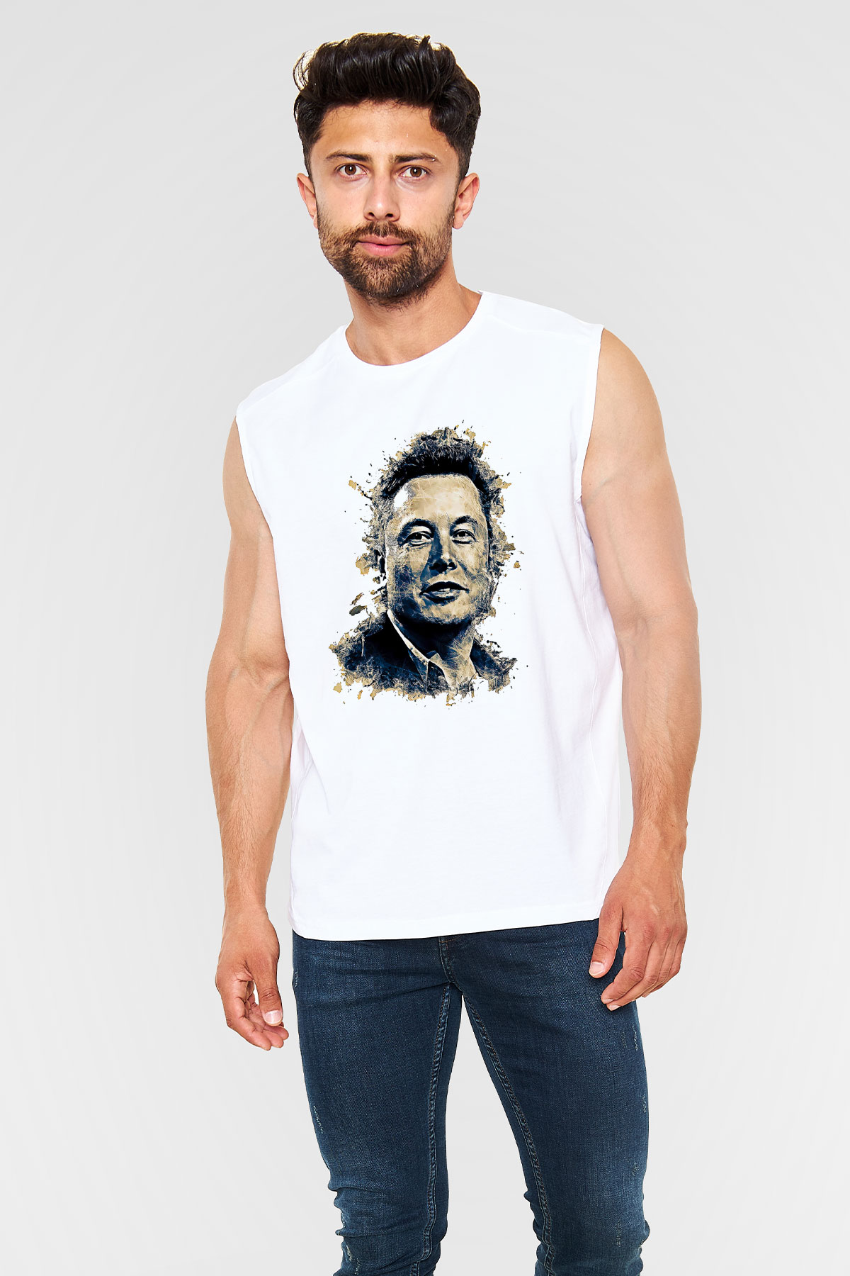 Elon Musk Baskılı Beyaz Unisex Kolsuz Tişört - Tshirt