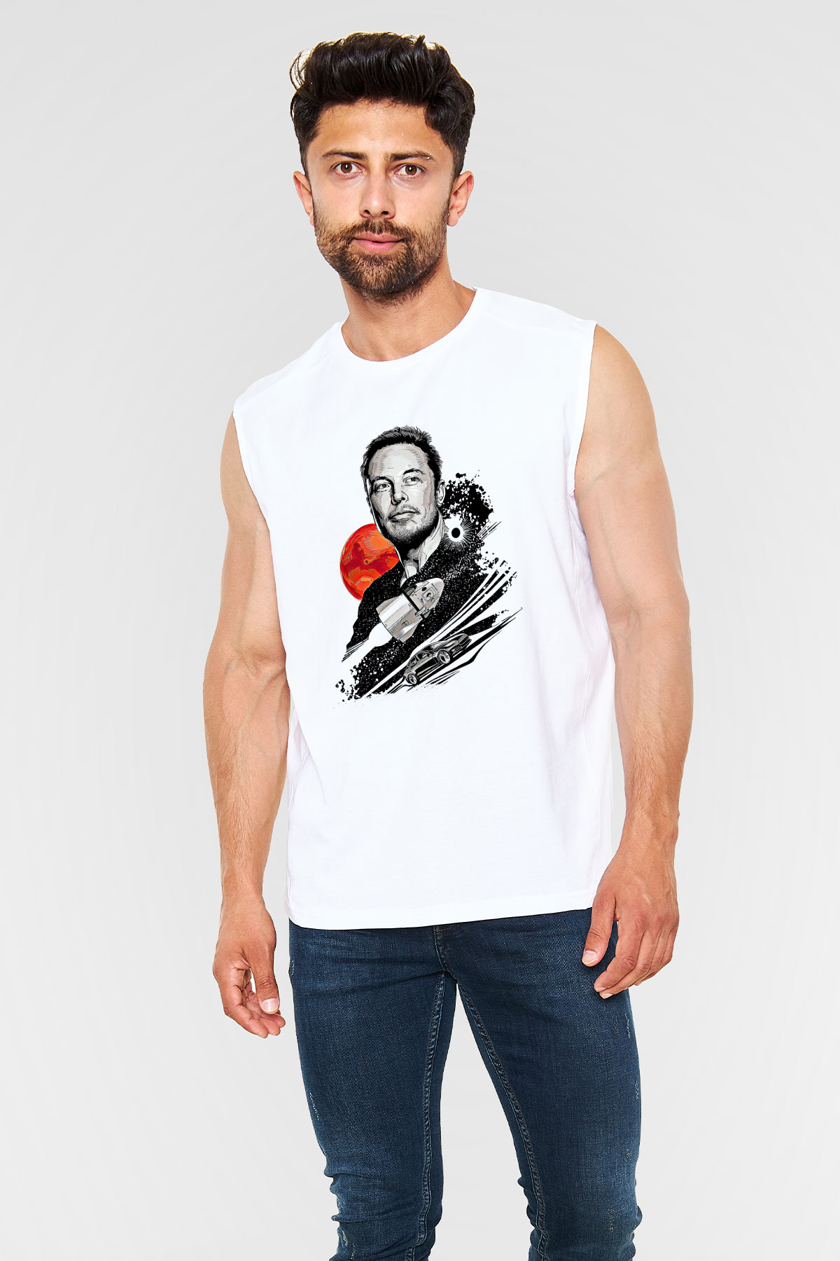 Elon Musk Baskılı Beyaz Unisex Kolsuz Tişört - Tshirt