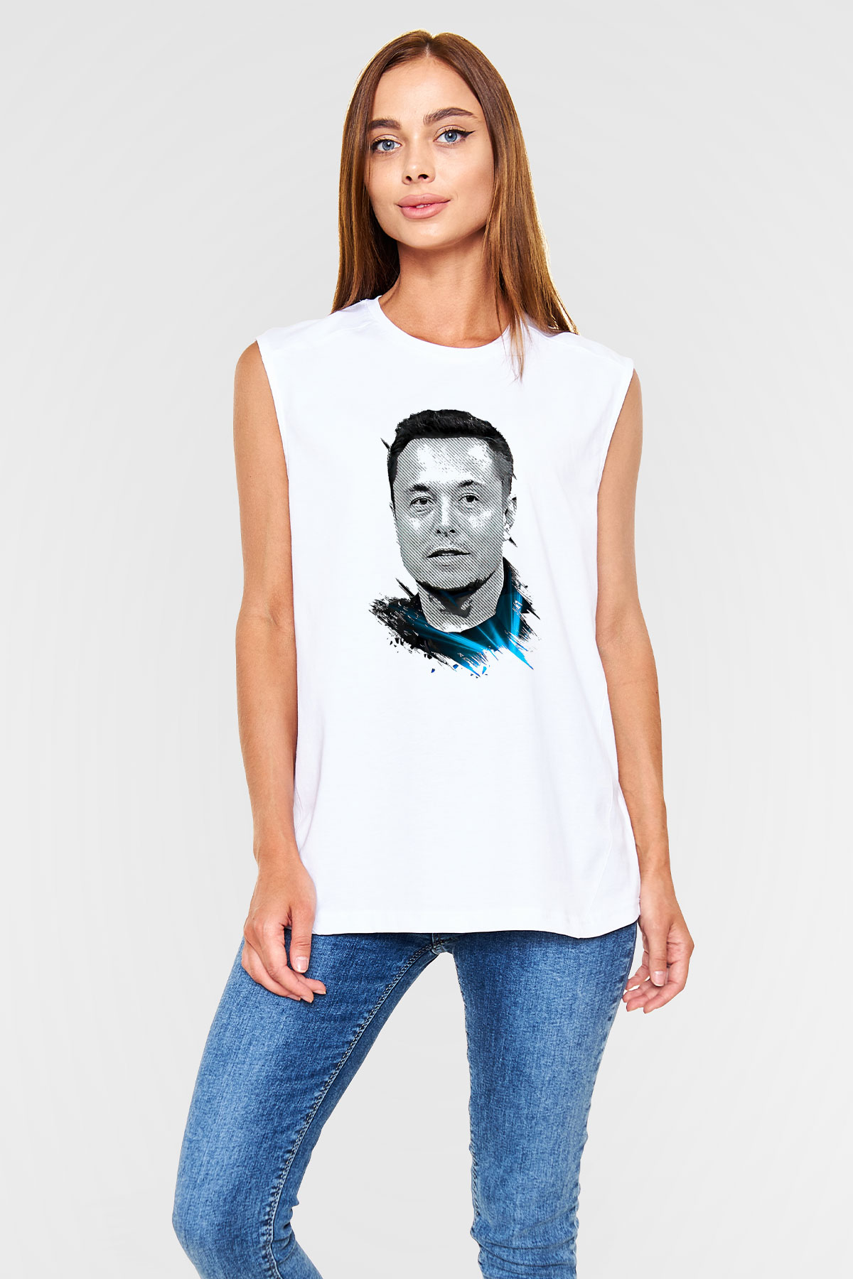 Elon Musk Baskılı Beyaz Unisex Kolsuz Tişört - Tshirt