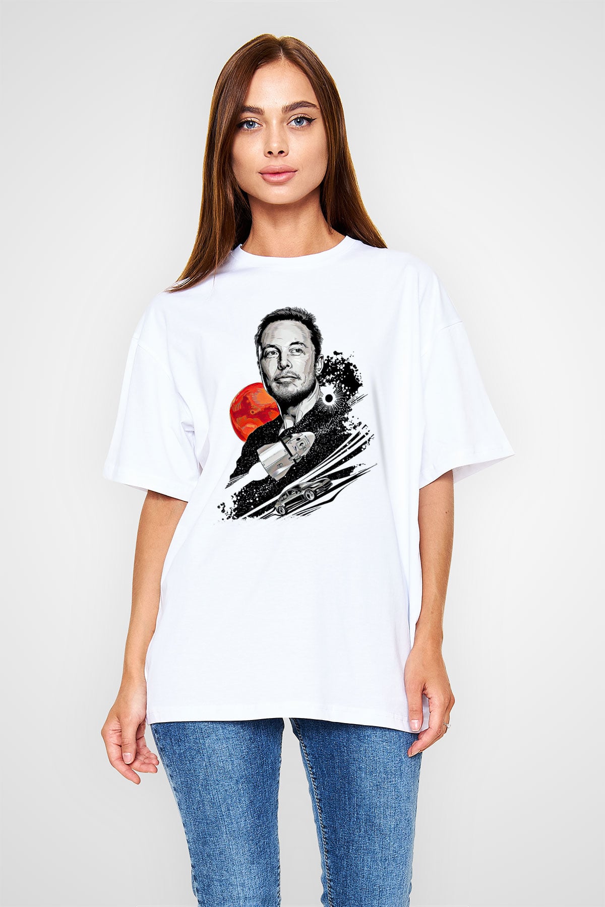 Elon Musk Baskılı Beyaz Unisex Oversize Tişört - Tshirt