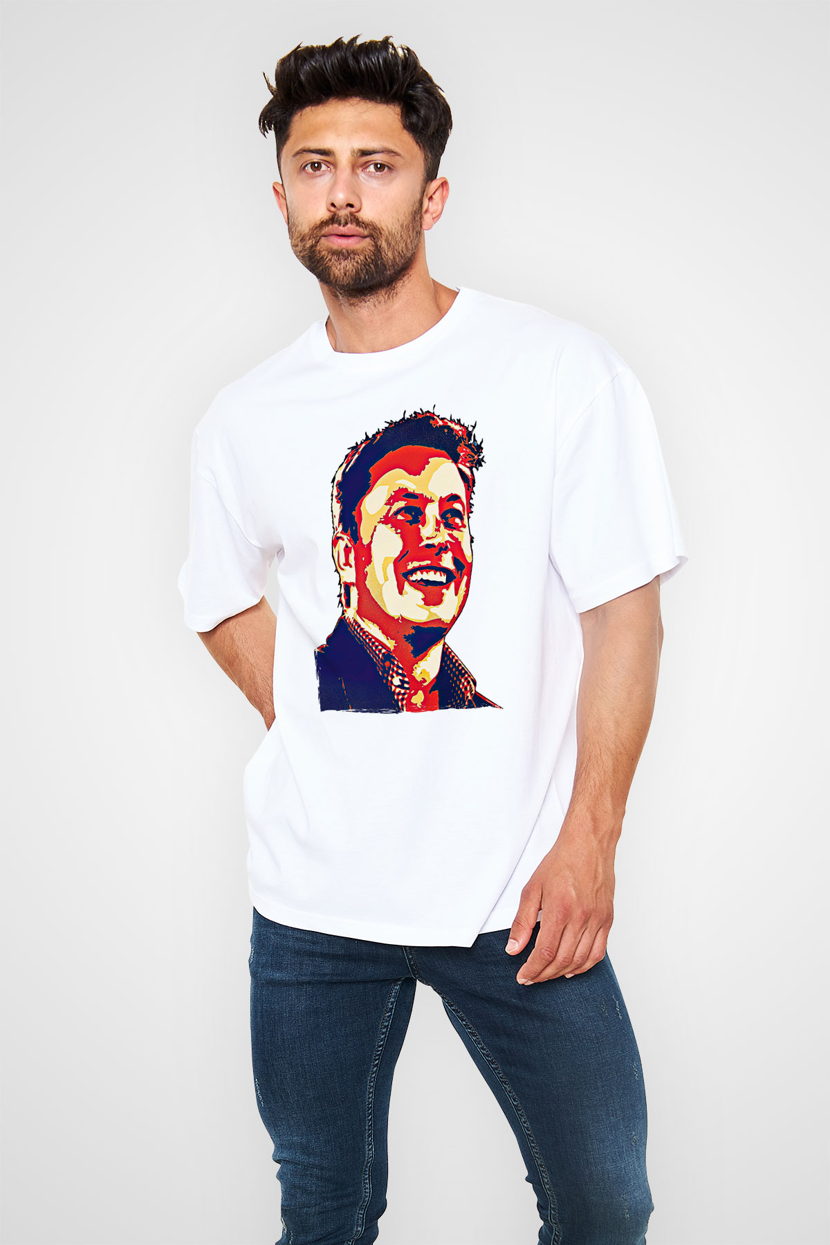 Elon Musk Baskılı Beyaz Unisex Oversize Tişört - Tshirt