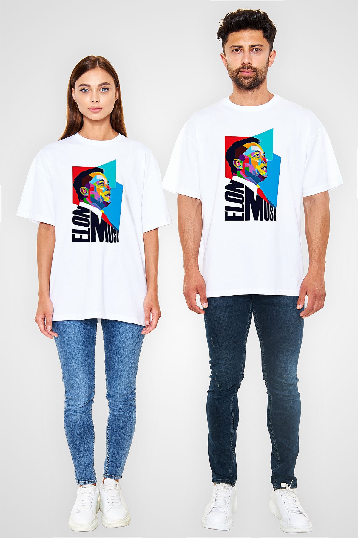 Elon Musk Baskılı Beyaz Unisex Oversize Tişört - Tshirt