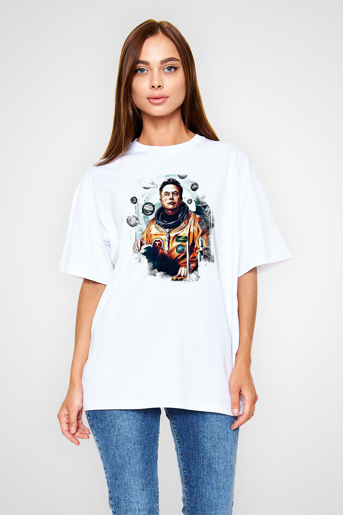 Elon Musk Baskılı Beyaz Unisex Oversize Tişört - Tshirt