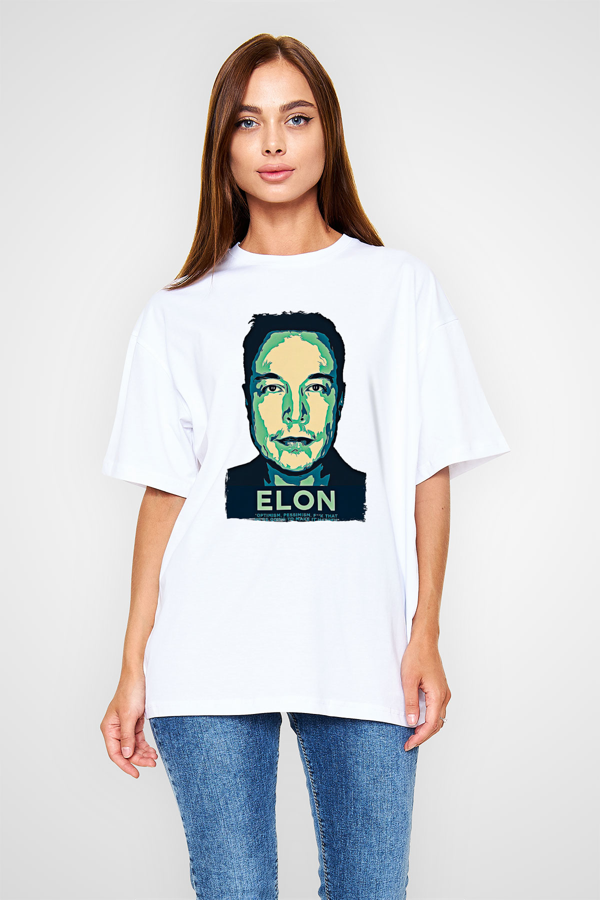 Elon Musk Baskılı Beyaz Unisex Oversize Tişört - Tshirt