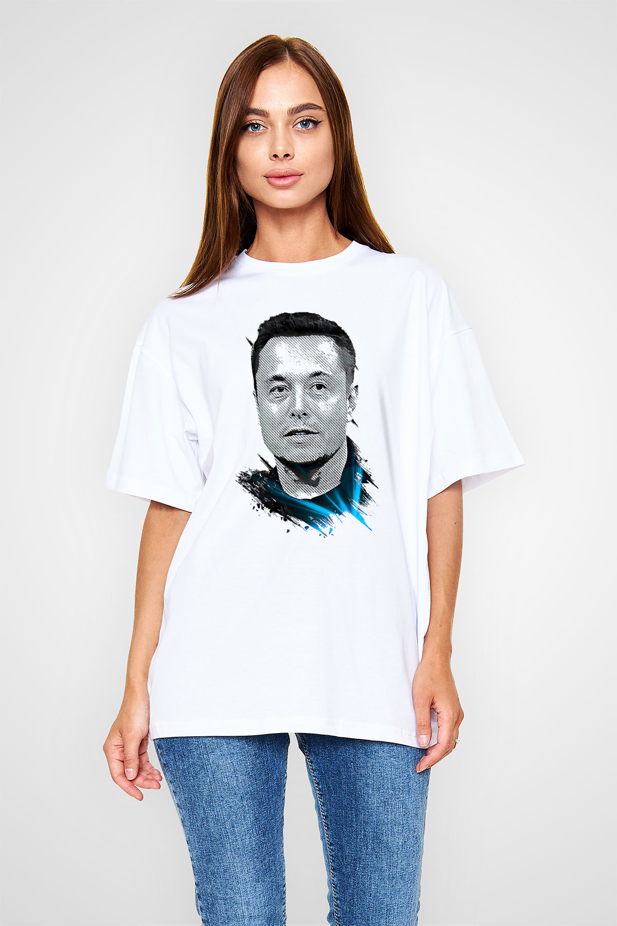 Elon Musk Baskılı Beyaz Unisex Oversize Tişört - Tshirt