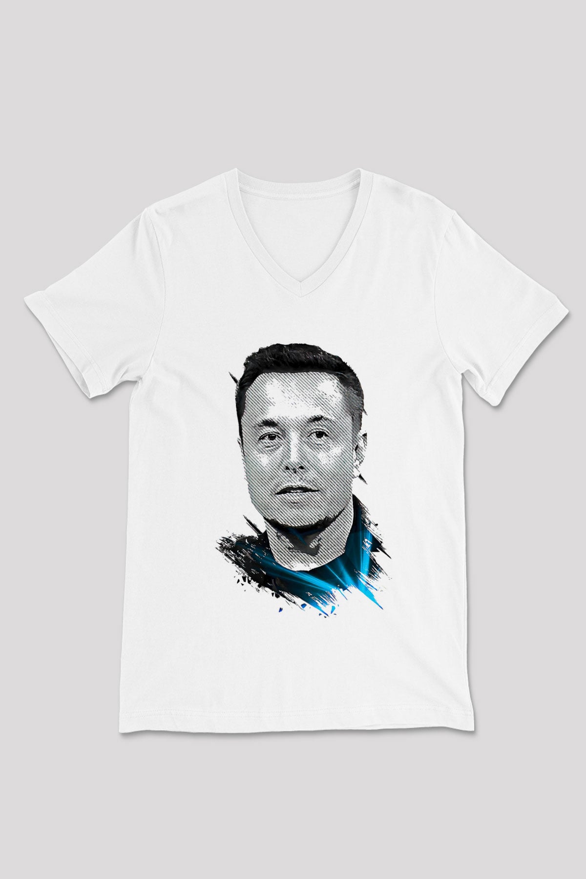 Elon Musk Baskılı Beyaz Unisex V Yaka Tişört - Tshirt