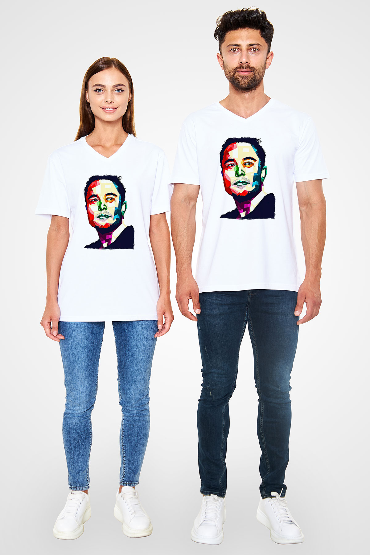 Elon Musk Baskılı Beyaz Unisex V Yaka Tişört - Tshirt