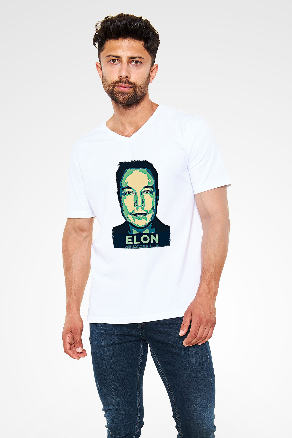 Elon Musk Baskılı Beyaz Unisex V Yaka Tişört - Tshirt