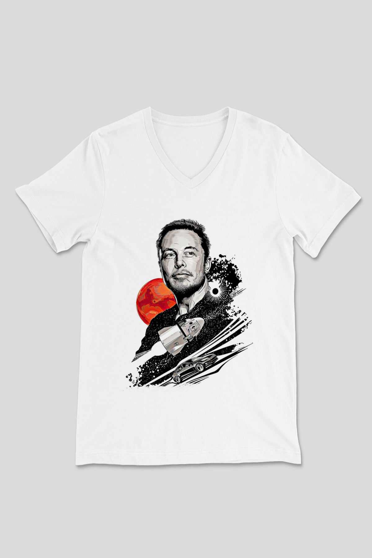Elon Musk Baskılı Beyaz Unisex V Yaka Tişört - Tshirt
