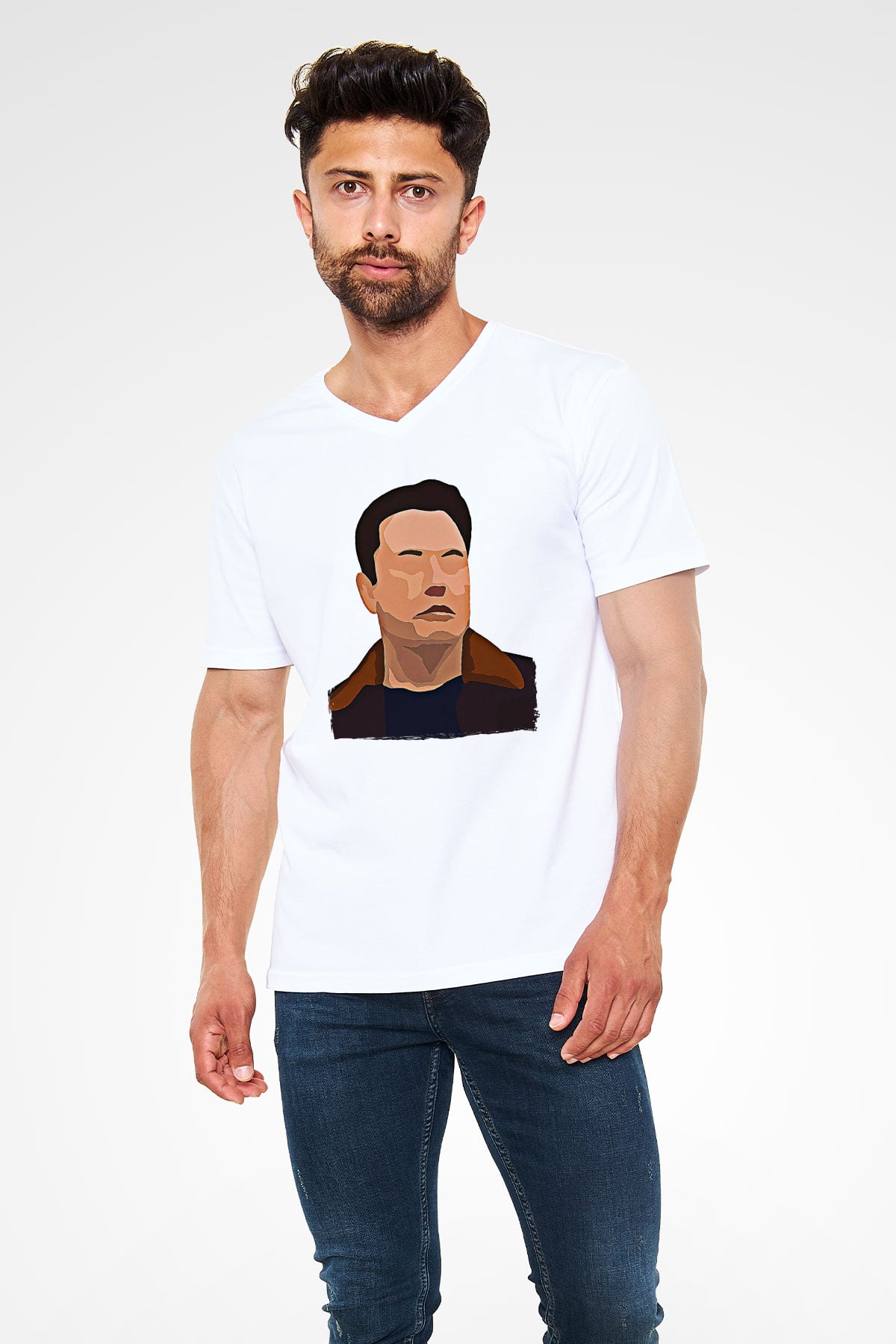 Elon Musk Baskılı Beyaz Unisex V Yaka Tişört - Tshirt