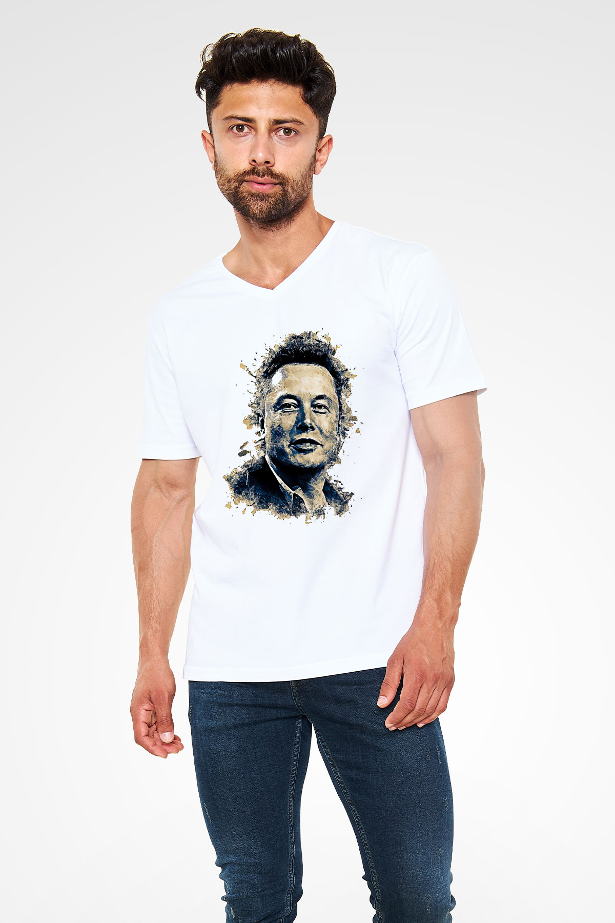 Elon Musk Baskılı Beyaz Unisex V Yaka Tişört - Tshirt