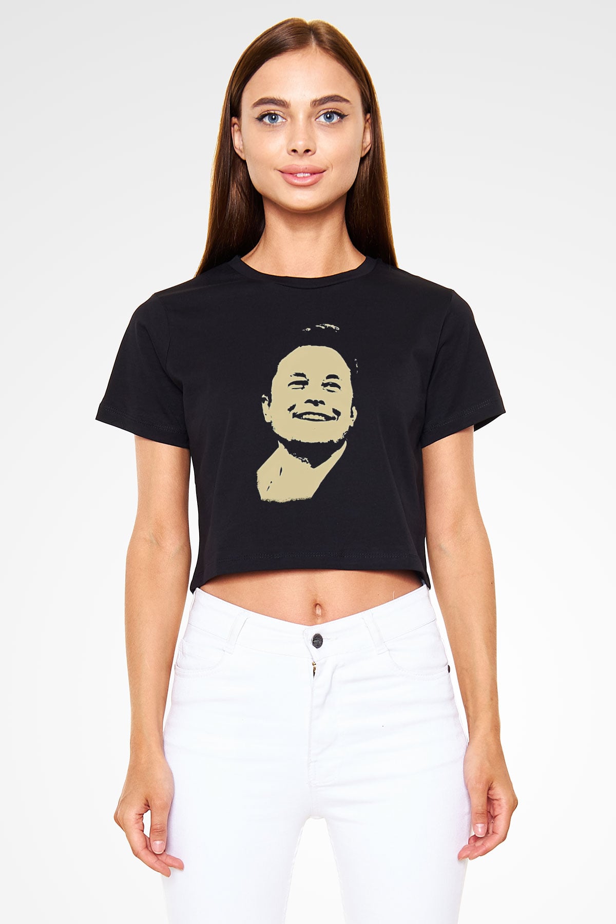 Elon Musk Baskılı Siyah Crop Top Kadın Tişört - Tshirt