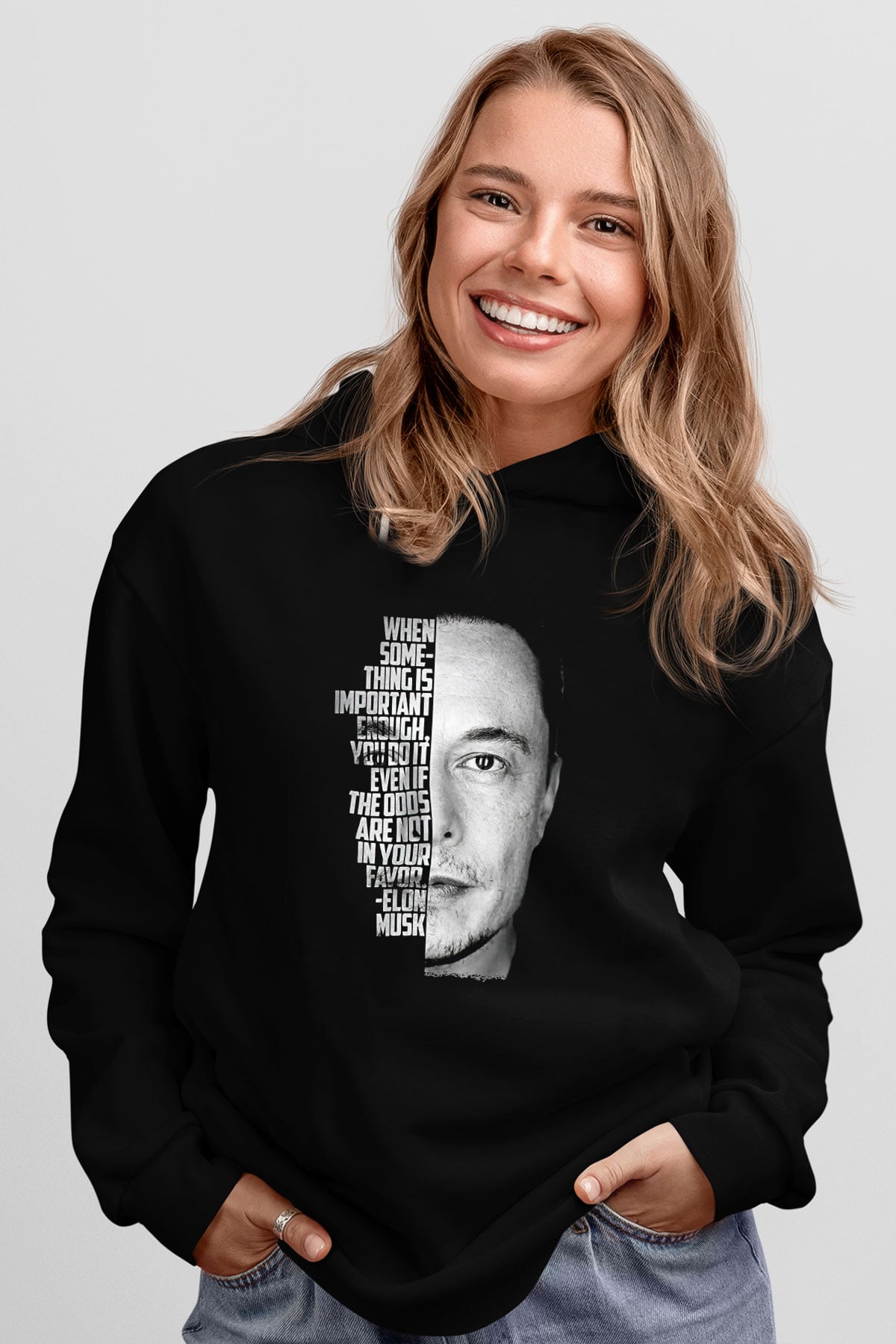 Elon Musk Baskılı Unisex Siyah Kapüşonlu Sweatshirt