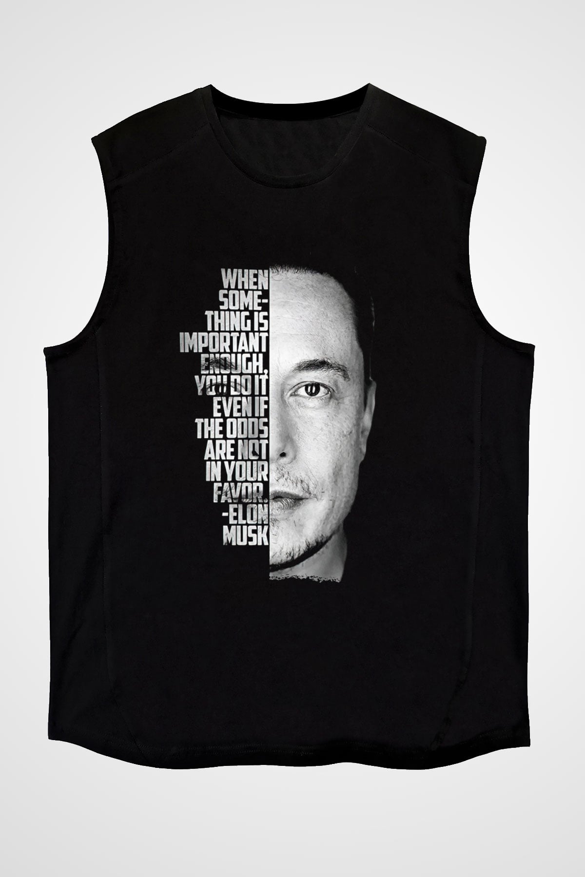 Elon Musk Baskılı Unisex Siyah Kolsuz Tişört - Tshirt