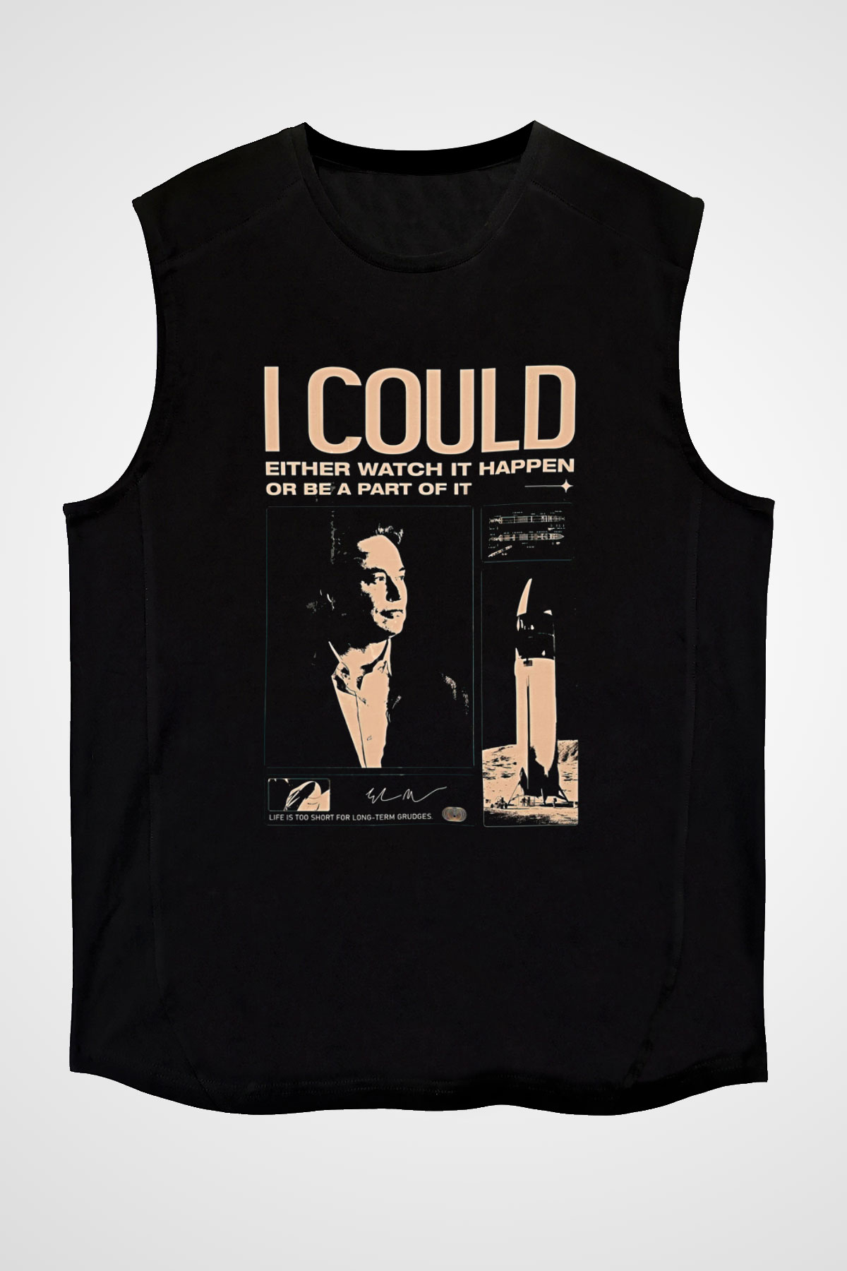 Elon Musk Baskılı Unisex Siyah Kolsuz Tişört - Tshirt